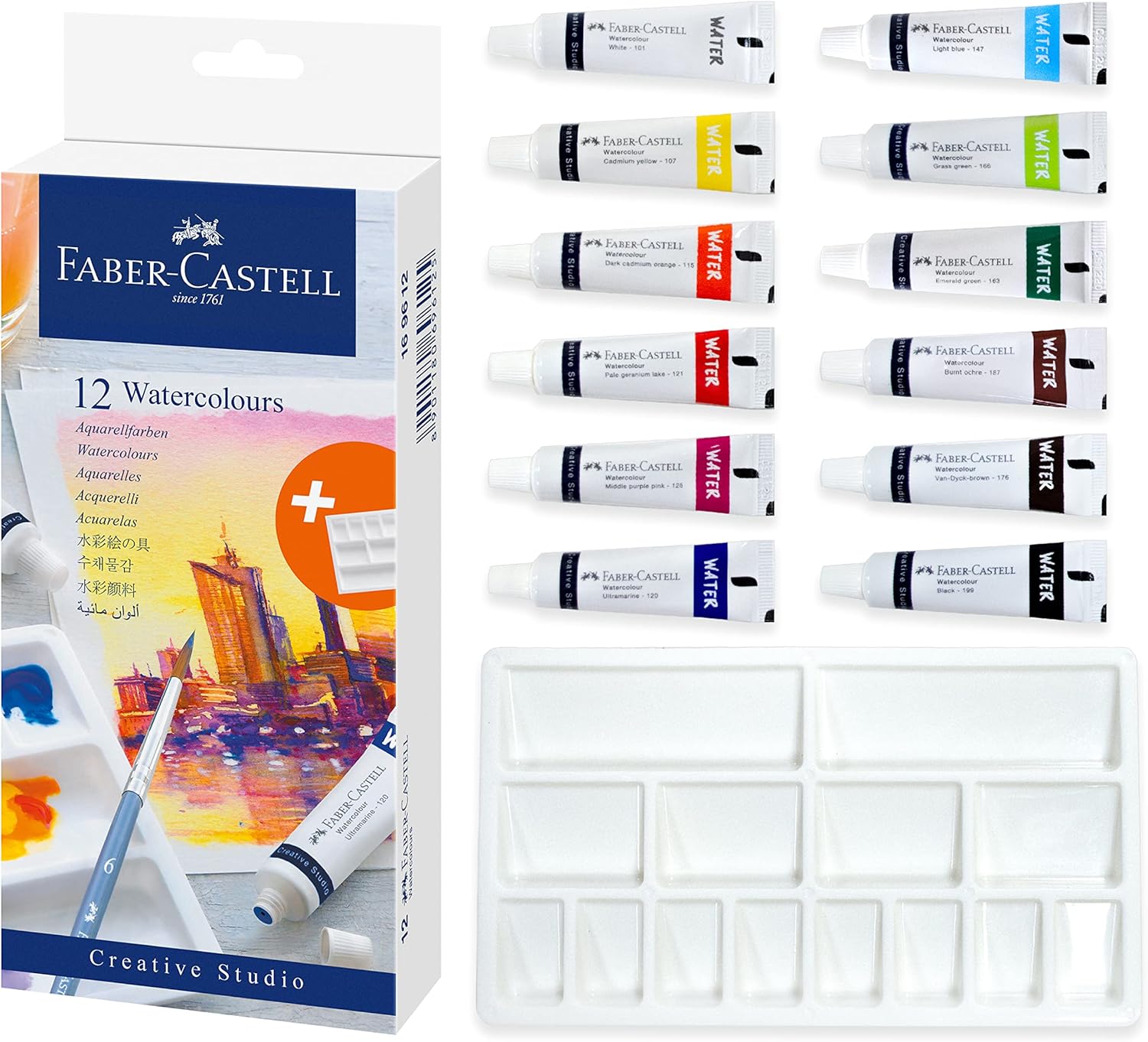 Faber-Castell Watercolor Paint Set - 12 Liquid Watercolors Paint Tubes (9ml) and Mixing Palette - Watercolor Art Supplies for Beginners and Hobby Artists