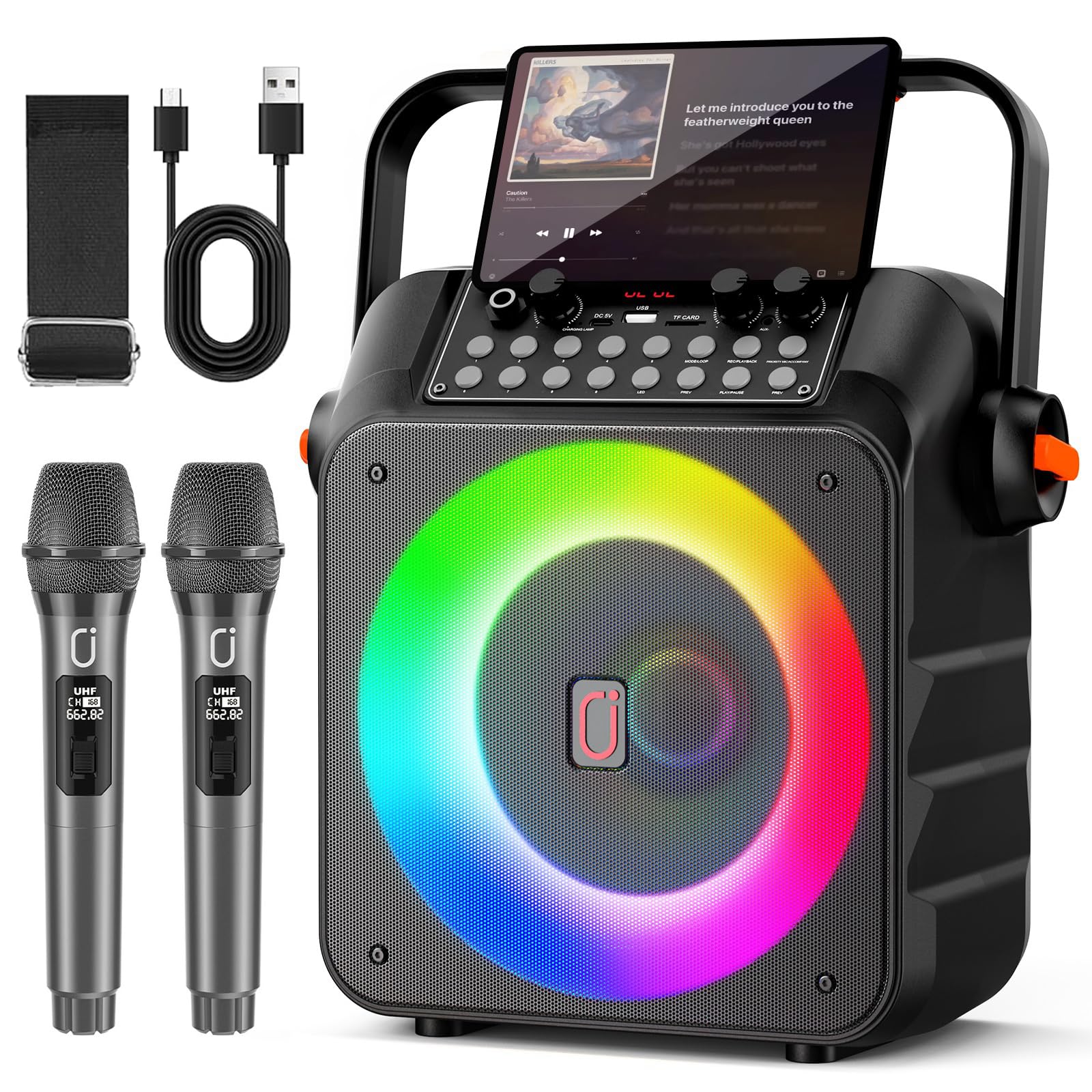 HWWR Karaoke Maschine mit 2 drahtlosen Mikrofones, Tragbaren Karaoke Anlage Lautsprecher mit RGB-Licht für Hausparty, PA-System für ErwachsenePartybox Unterstützt,TWS