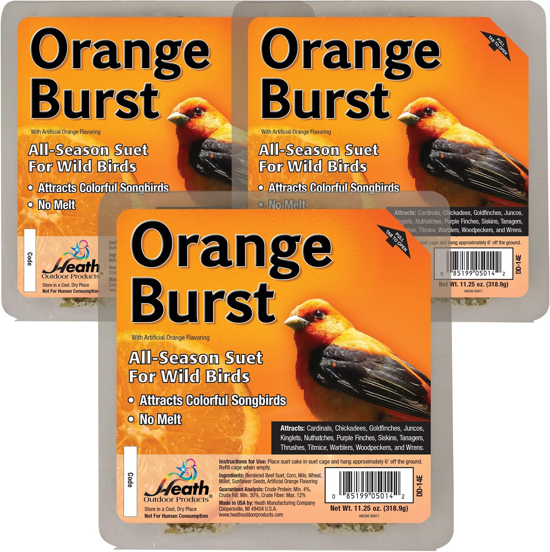 Heath Orange Burst Suet Cakes Sample Pack, Contains 3 Suet Cakes, Try It, Your Birds Will Love it, for Woodpeckers, Cardinals, Siskins, Sparrows, Finchs & Many More Wild Bird Species
