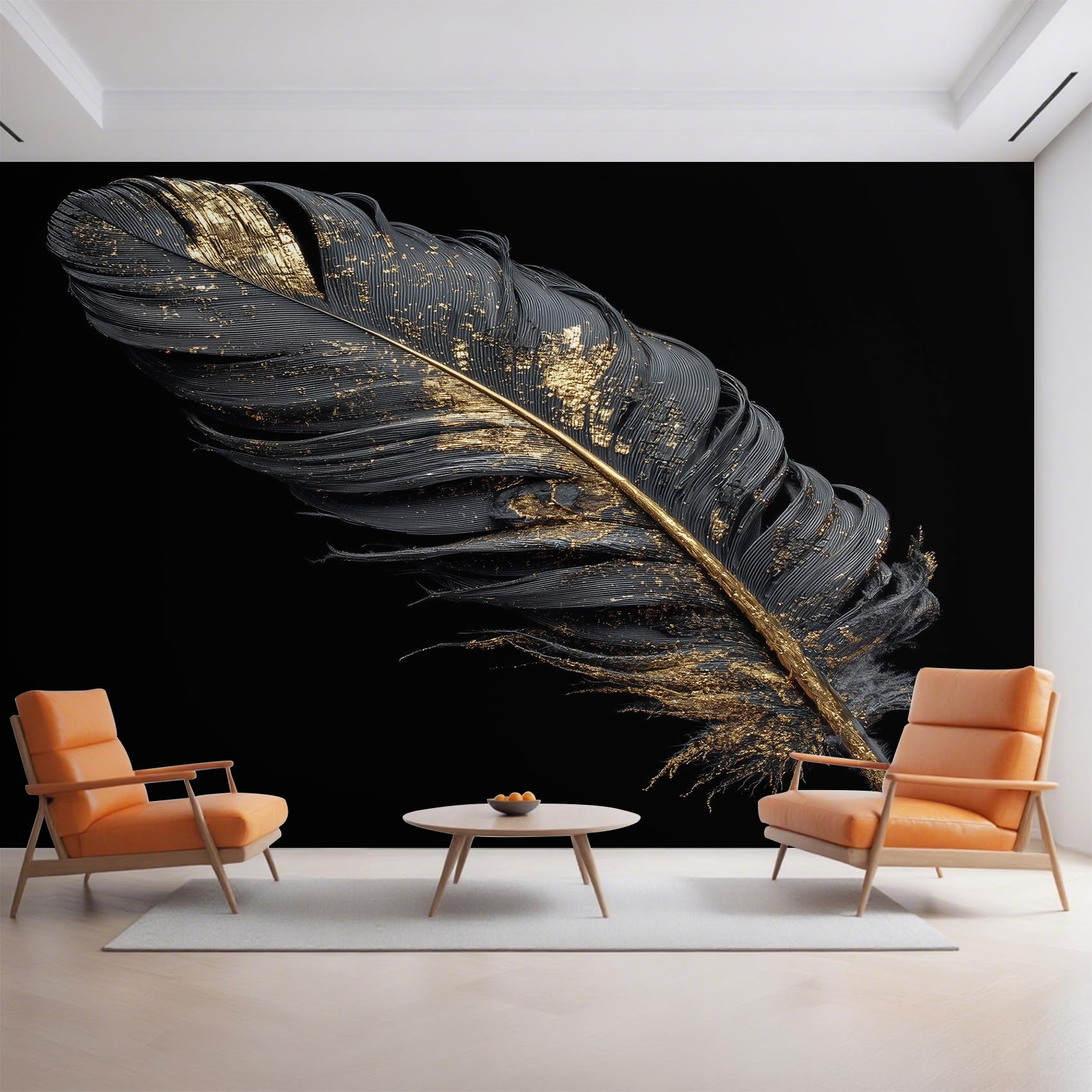 Papier peint panoramique plume noir et or 450x260 cm pour salon moderne