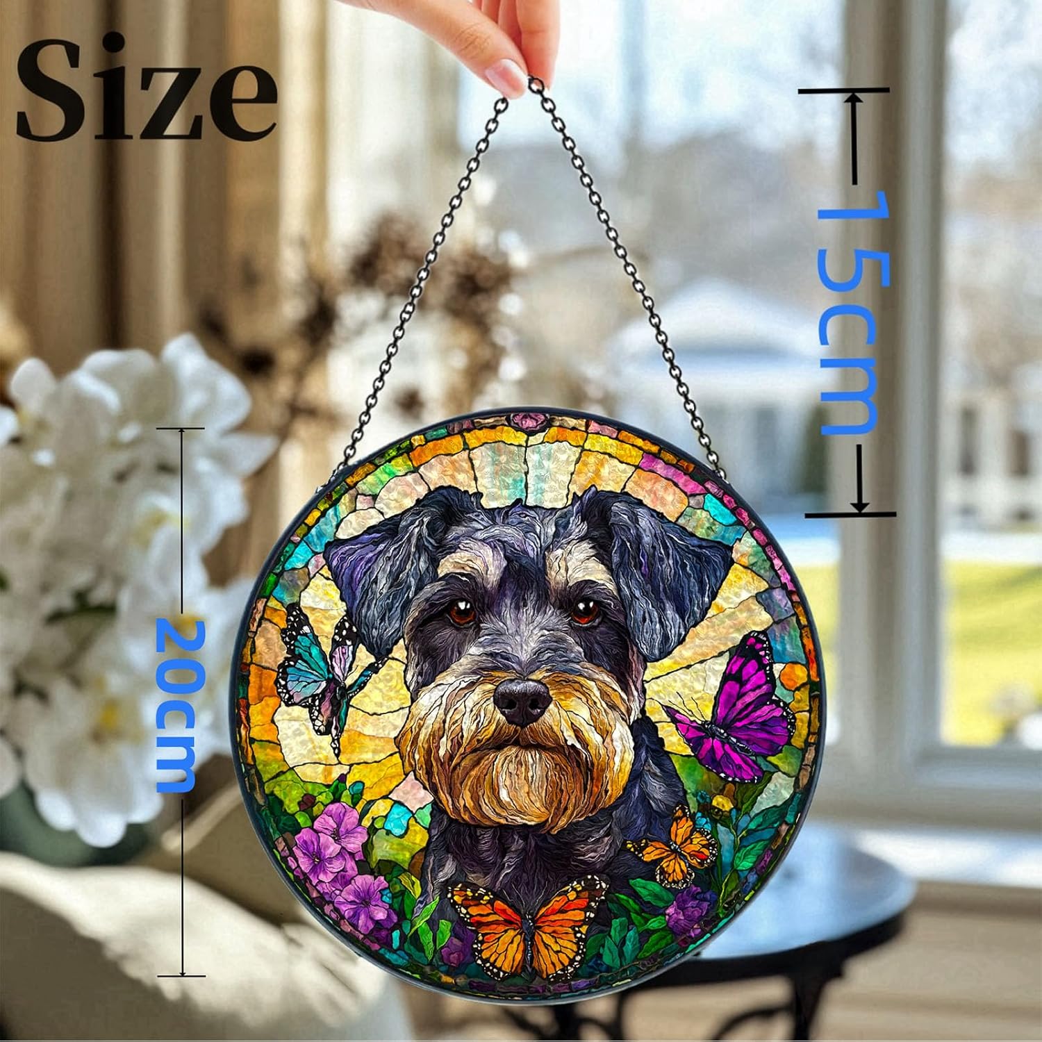Stained Glass Suncatcher Miniature Schnauzer Dog Portrait and Butterflies Handmade Window Hangings Colored Glass Suncatcher Crafts Kits for Indoor Garden Christmas Decoration 20x20cm-1-3