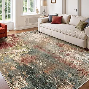 Washable Area Rugs 9'x12' Non-Slip Modern Abstract Soft for Living Room Entryway Bedroom Nursery, Print Pattern, Brown Rust Red Multi