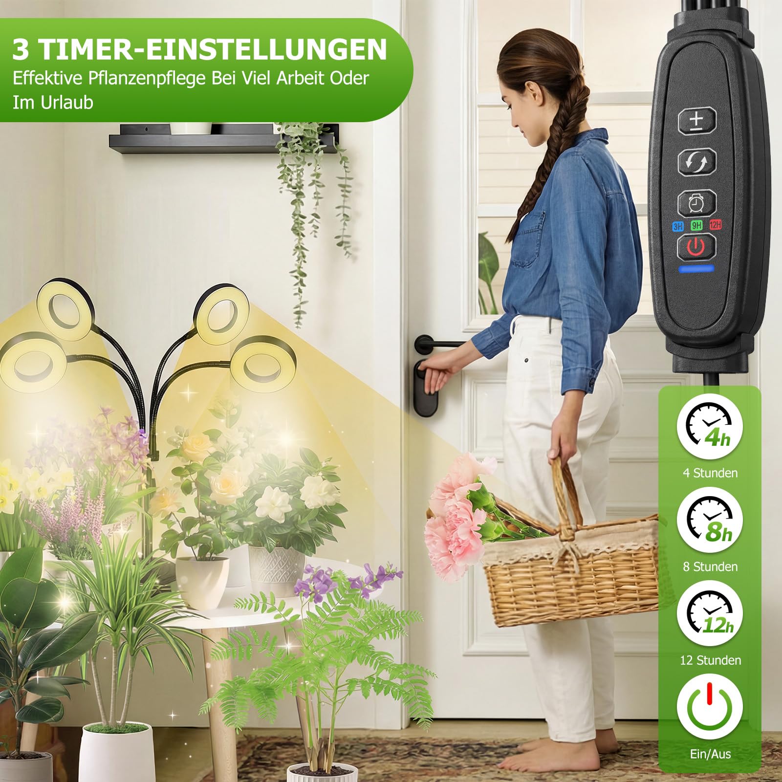 Pflanzenlampe LED Vollspektrum, 100 LEDs Grow Lampe mit 4/8/12H Timer, 4-Kopf Pflanzenlicht mit flexiblem Schwanenhals, Höhenverstellbares Pflanzenlicht für Zimmerpflanzen Pflanzenregal
