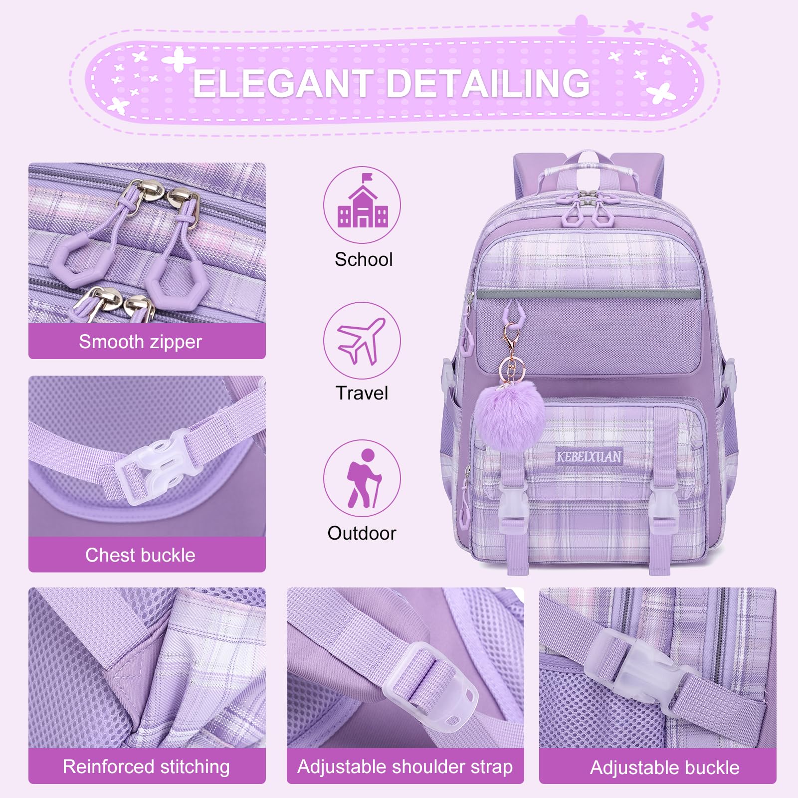 KEBEIXUAN Mochilas Escolares Niña, Personalizada Mochila Colegio Niña de 6 a 12 Años, Kawaii Ligeras Mochila de Niñas Escolar con Colgante