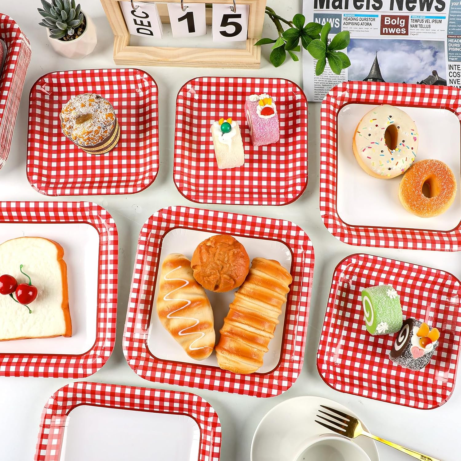Naozinebi 100 Pcs Red and White Checkered Party Supplies Set Checkered Plaid Plates Dessert Plates 7” and 9” Square Disposable Paper Plates for Picnic BBQ Birthday Dinnerware Favors Decor