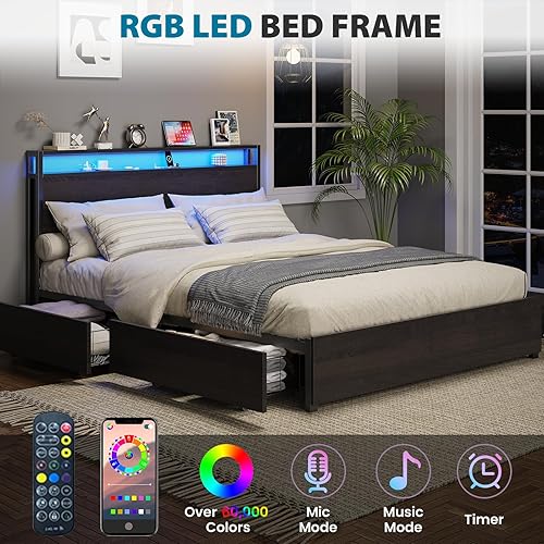 Miniatura 4 de Base de cama de tamaño matrimonial con cabecero, plataforma LED con 4 cajones de almacenamiento, estación de carga integrada, sin ruido, base de