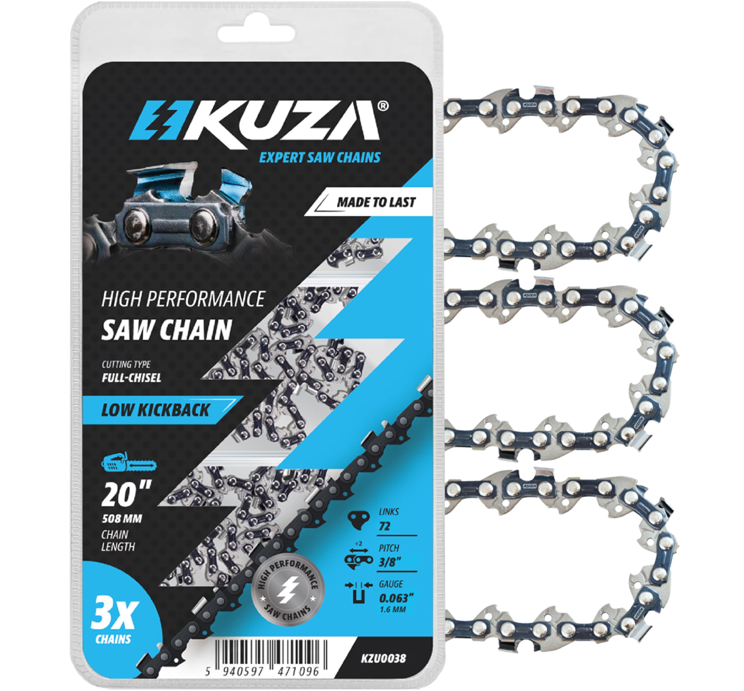 Premium 20 Inch Chainsaw Chain 3/8" Pitch .063" Gauge 72 DL - Fits Husqvarna 480, 465 (Rancher), 570XP, 575XP, 576XP, STIHL and More - 203ATMD009, 75LPX072G, 75EXL072G, 75EXJ072G (3 Chains) — image 1