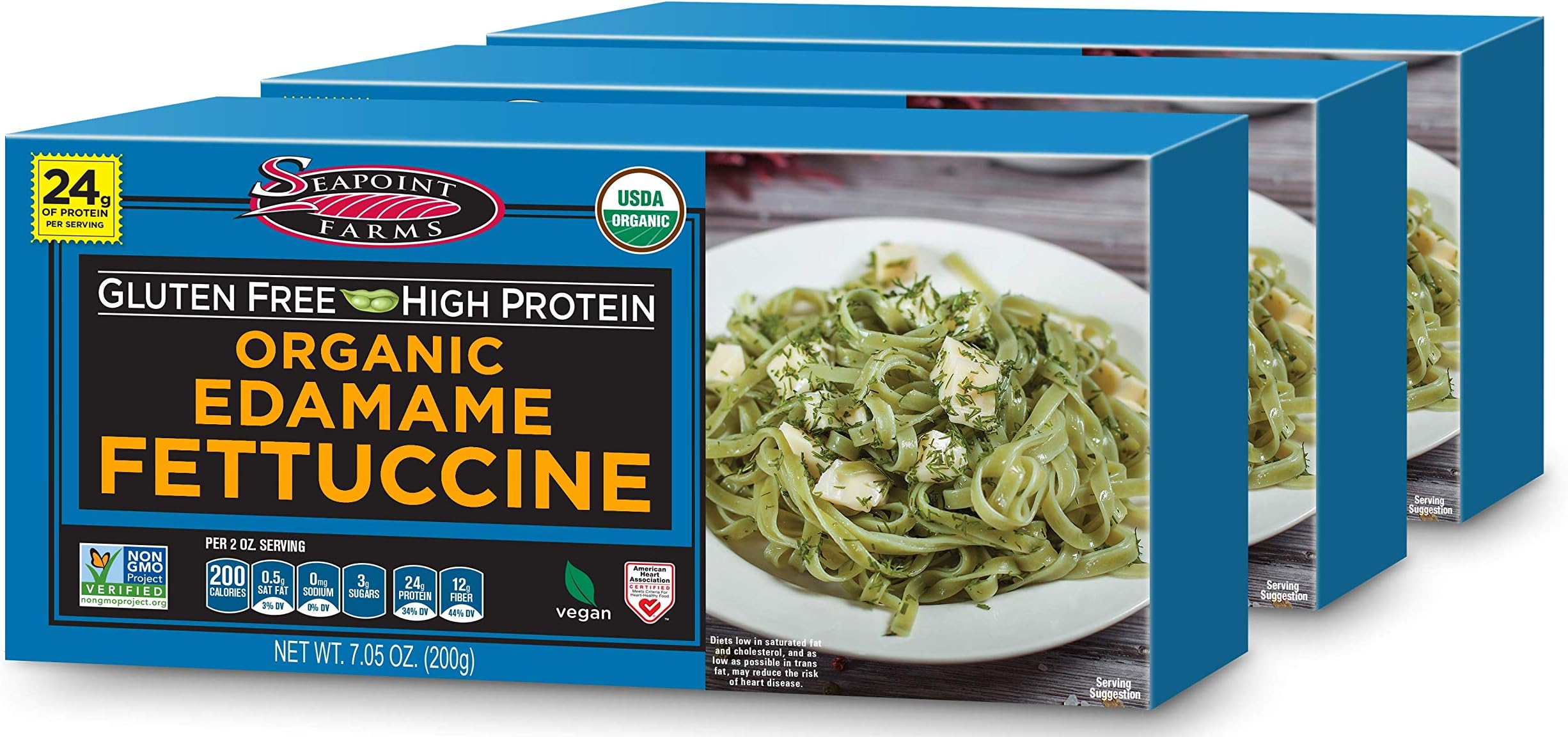 Seapoint Farms Organic Edamame Fettuccine, Healthy Gluten-Free Noodles, 7.05 Oz, Pack of 3
