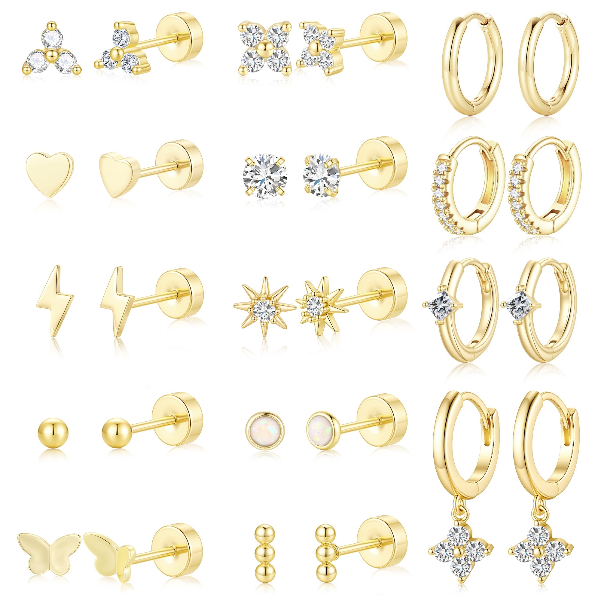 14 Pairs Hypoallergenic Flat Back Earrings for Women, 14K Gold Plated Stud & Hoop Earrings, Dainty Cartilage Earring Stack Set for Multiple Piercing Jewelry