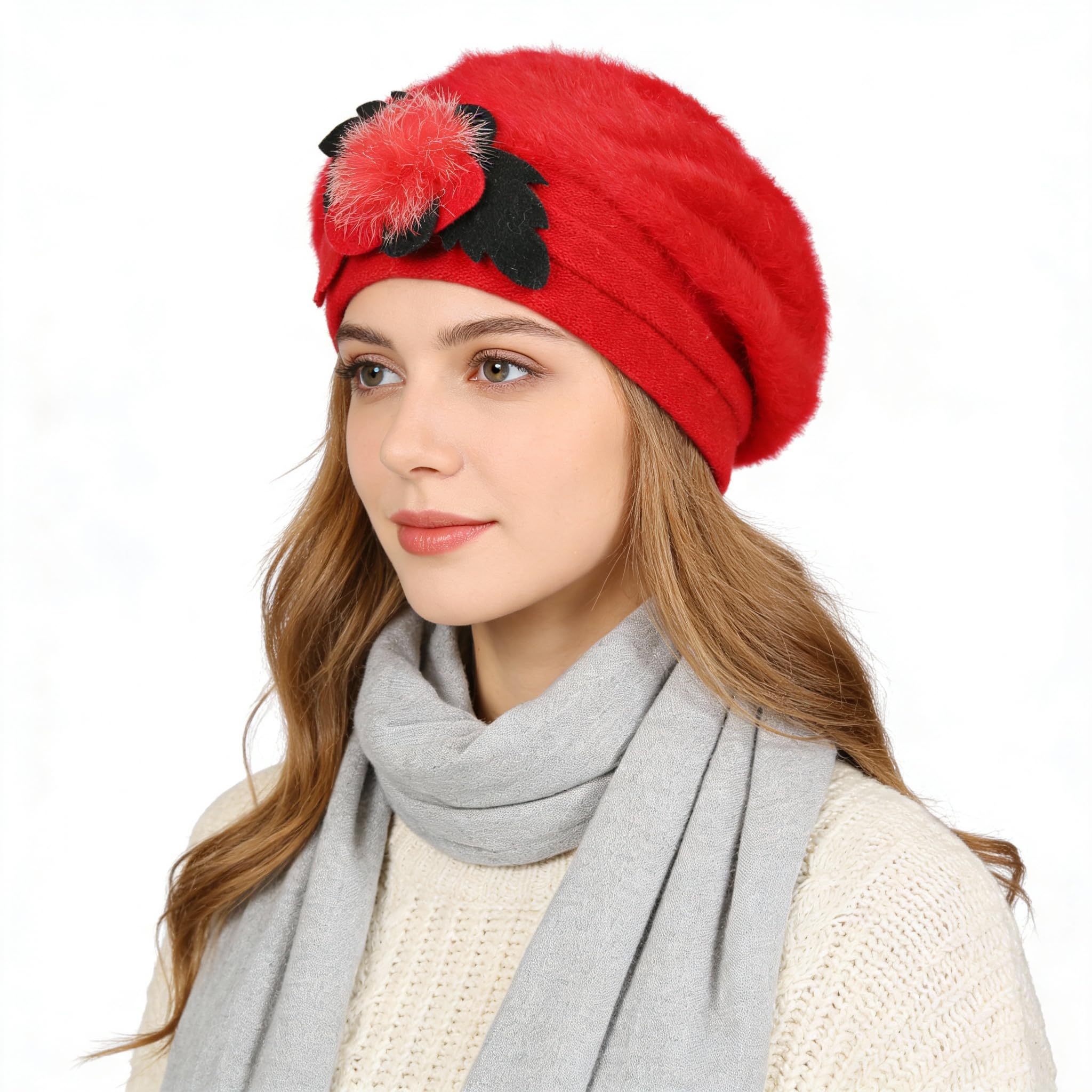 Ruphedy Women's Br022-Red-A Beret Beanie Chic Wool French Beret Dress Winter Hats Hy022 (Br022-Red)