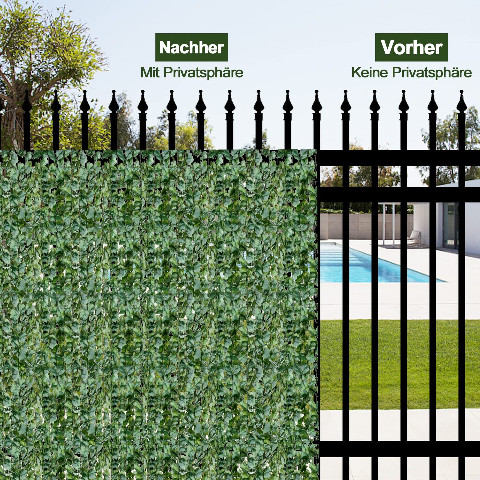 COSTWAY Künstliche Efeu Garten Sichtschutz, Balkonsichtschutz Blätteroptik Windschutz, Pflanzenwand Hecke Efeublättern, für Gartenhecken Balkon Außendekoration, Heckenpflanze Grün (150 x 240 cm)