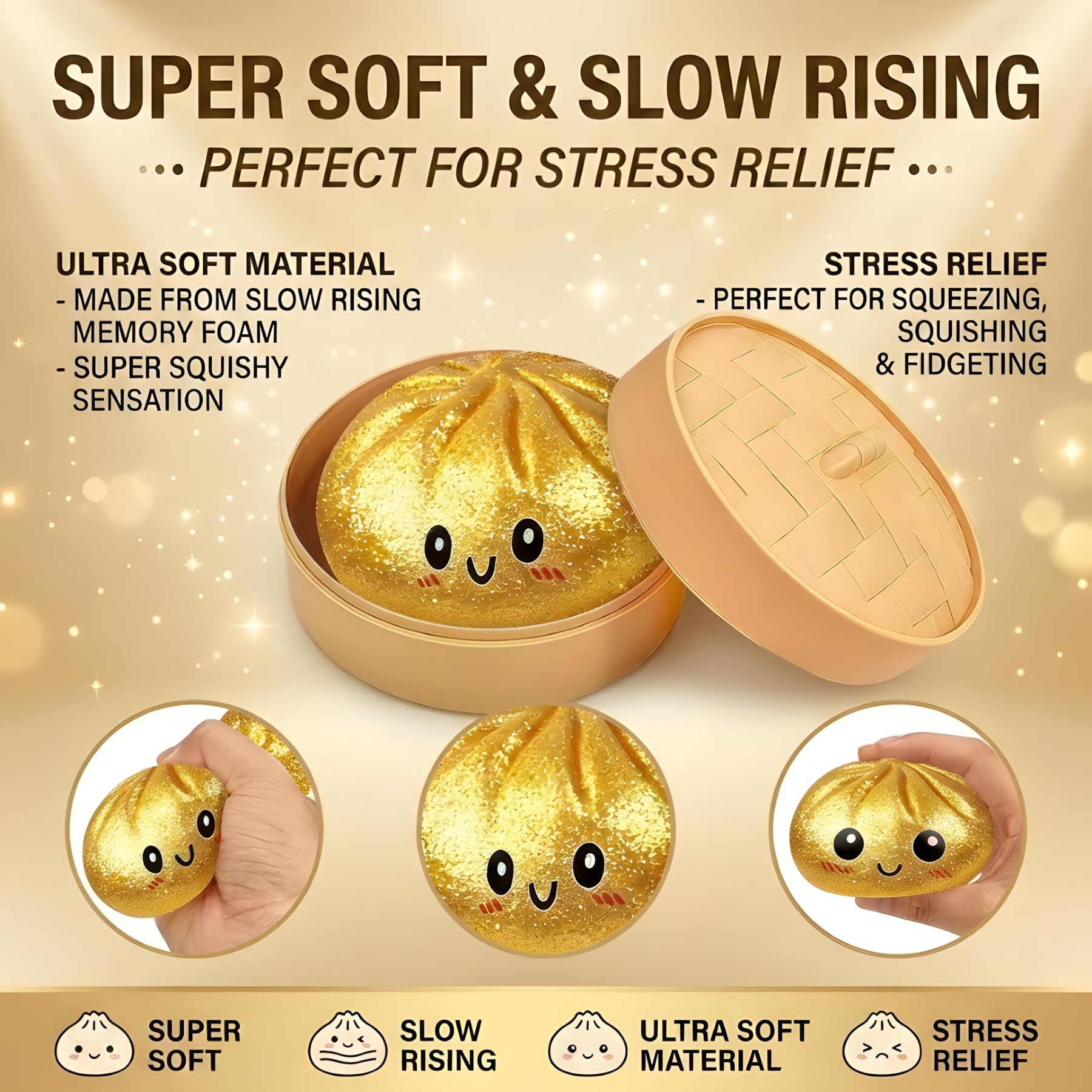 2026 New Mystery Dumpling Squishy with Steamer Box, Glitter Dumpling Squishy Slow Rising Stress Relief Squeeze, Soft Dumpling Squishy Desk Accessory Novelty Gift - 2