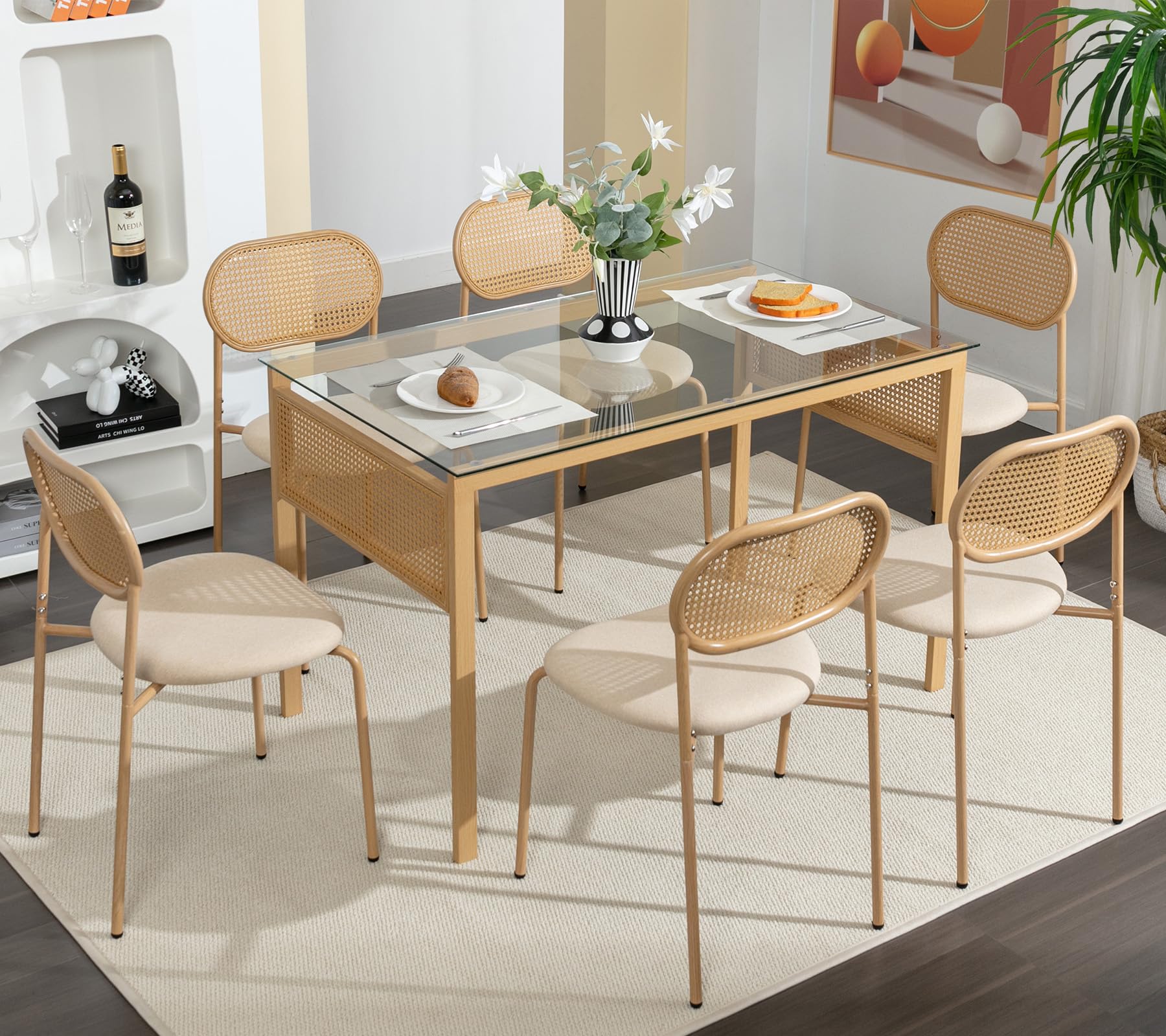 Artist Hand Dining Table and Chairs Set of 6, 120CM Glass Dining Table