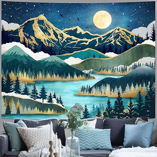Miniatura 2 de Neasow Tapiz de luna de montaña, bosque natural, árbol, lago, paisaje, estrellas, noche estrellada, decoración de pared azul azulado para el hogar,