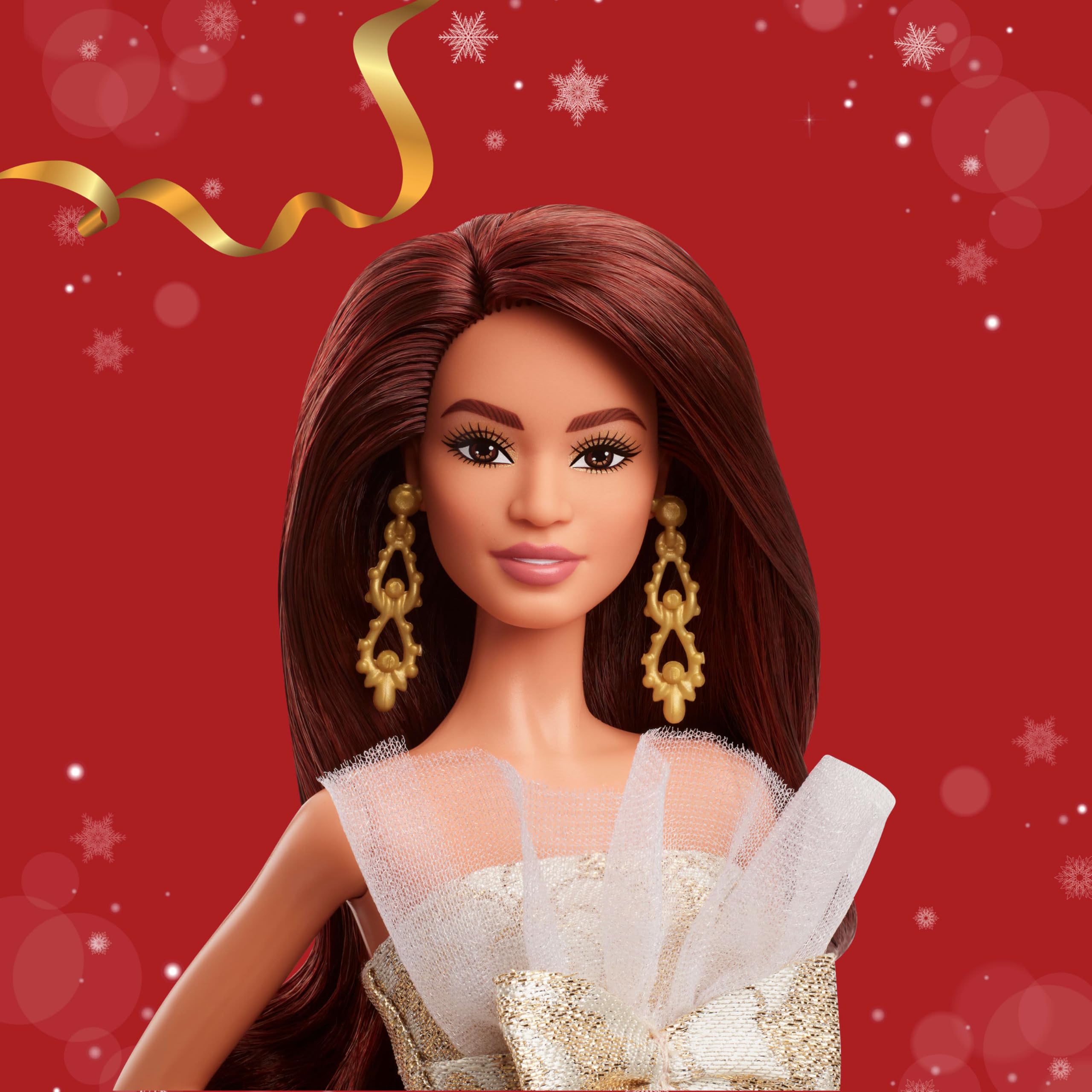 Barbie Signature, 2025 Holiday Dark Brown Hair Fashion Doll Wearing Silver & Gold Gown - Image 2