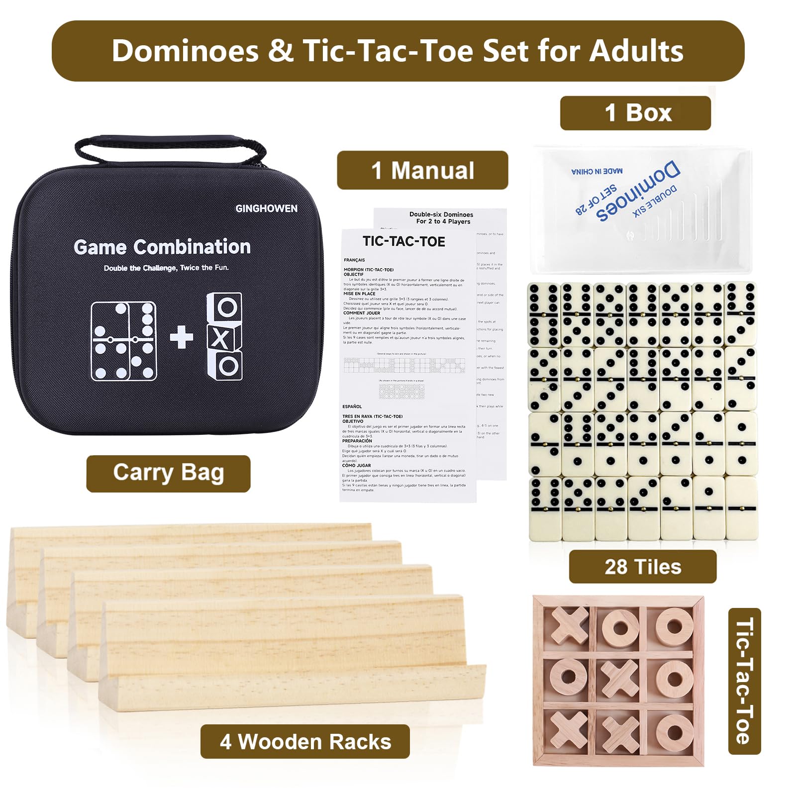 Domino i Tic Tac Toe, 28 płytek Domino z 4 drewnianymi stojakami, drewniane Tic Tac Toe, klasyczne gry planszowe, przenośna gra podróżna z futerałem