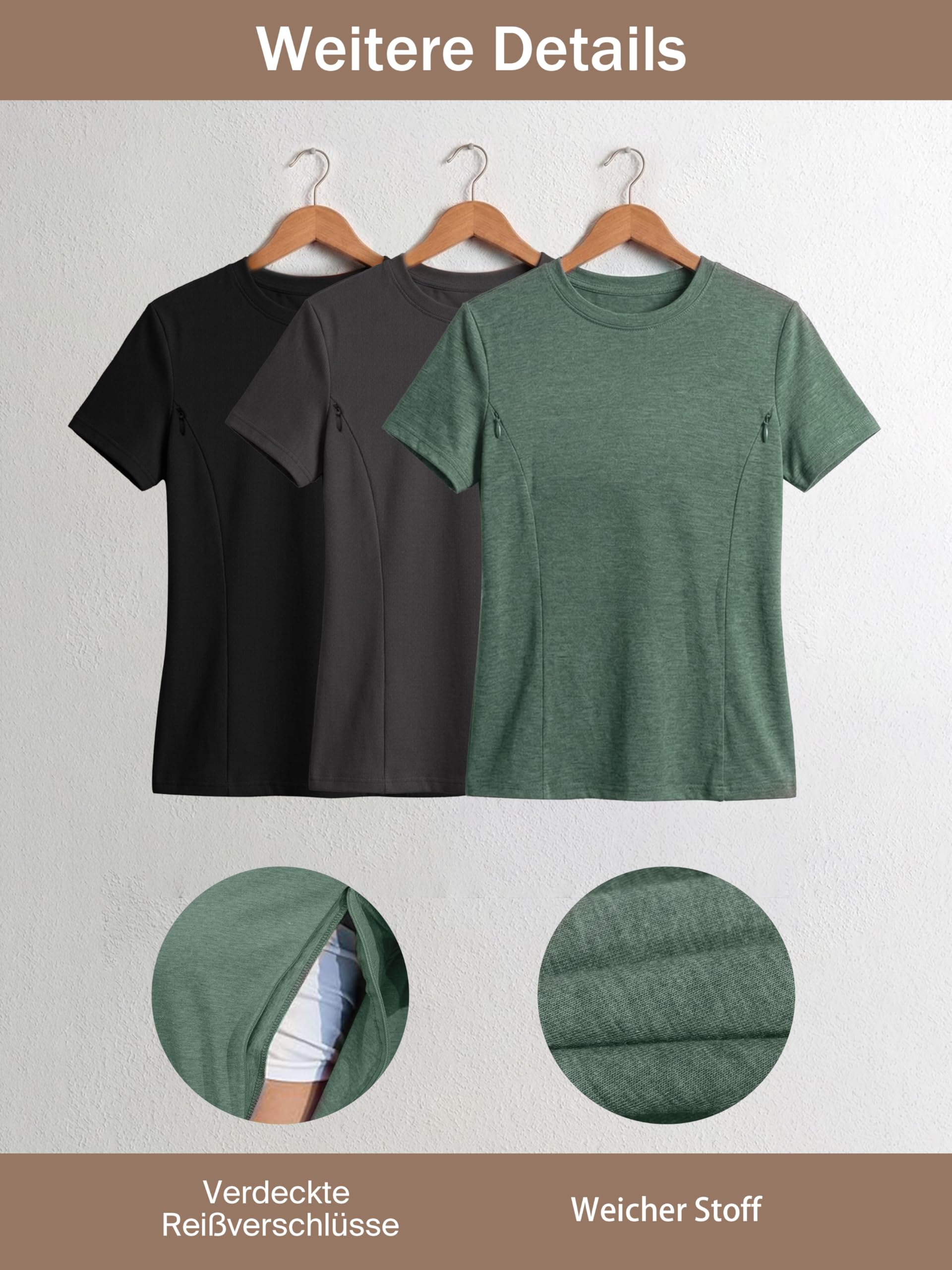 3er/4er Set Stillshirt mit verstecktem Reißverschluss Stillöffnung kurzen Umstandstop Stillen T-Shirt für Schwangere