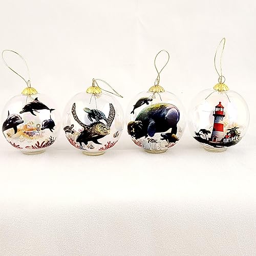 Miniatura 2 de Ocean World - Adornos de cristal perlado, juego de 4 – Colección Marine Life de 2.362 in con delfines, tortugas, manatíes y faro – Decoración