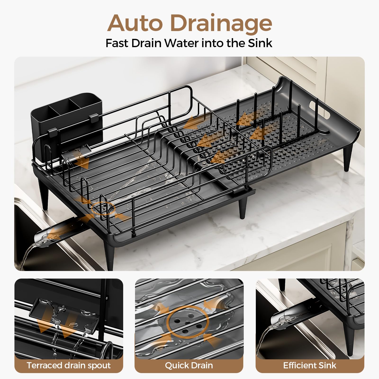 kingrack Égouttoir à Vaisselle Extensible - Égouttoir à Vaisselle Pliable pour compteurs de Cuisine - en Acier Inoxydable - avec Porte-Couverts - Noir