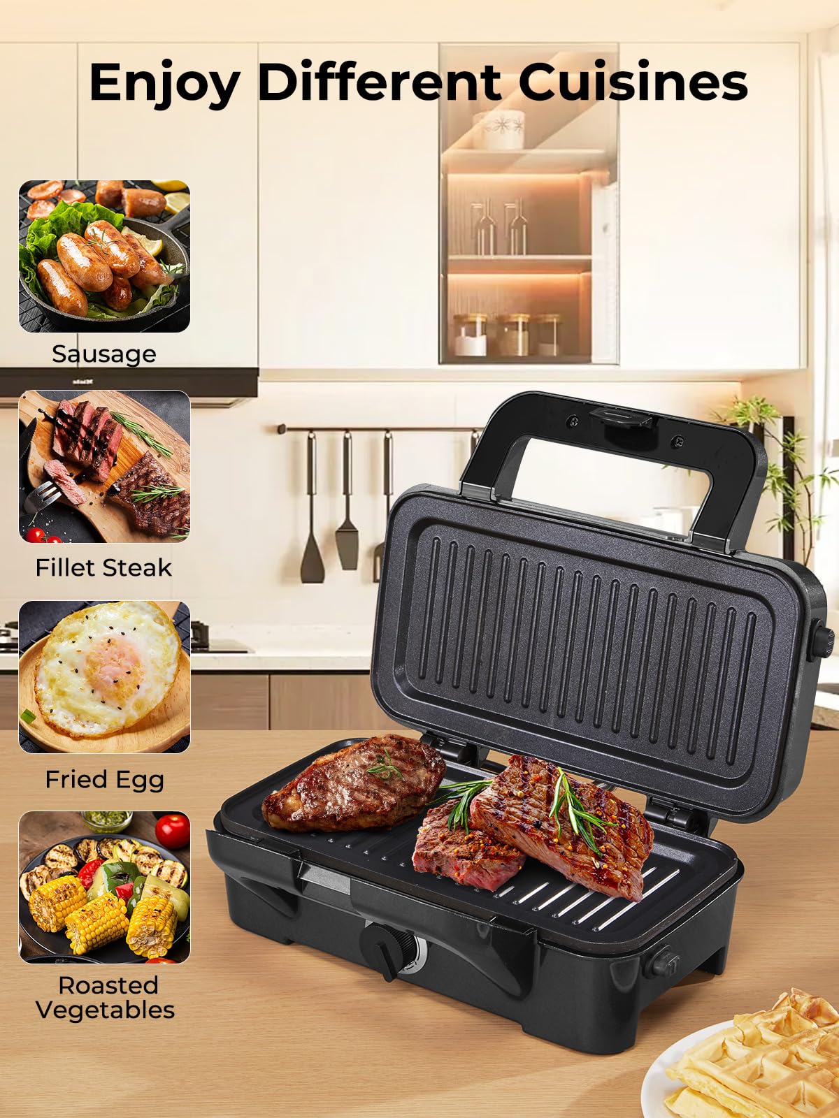 Sandwichera 3 en 1, 1200W Gofrera, Grill Sandwichera Plancha con Interruptor de Seguridad, 3 Placas Antiadherentes y Extraíbles, Control de Temperatura de 5 Velocidades y Manija Cold Touch