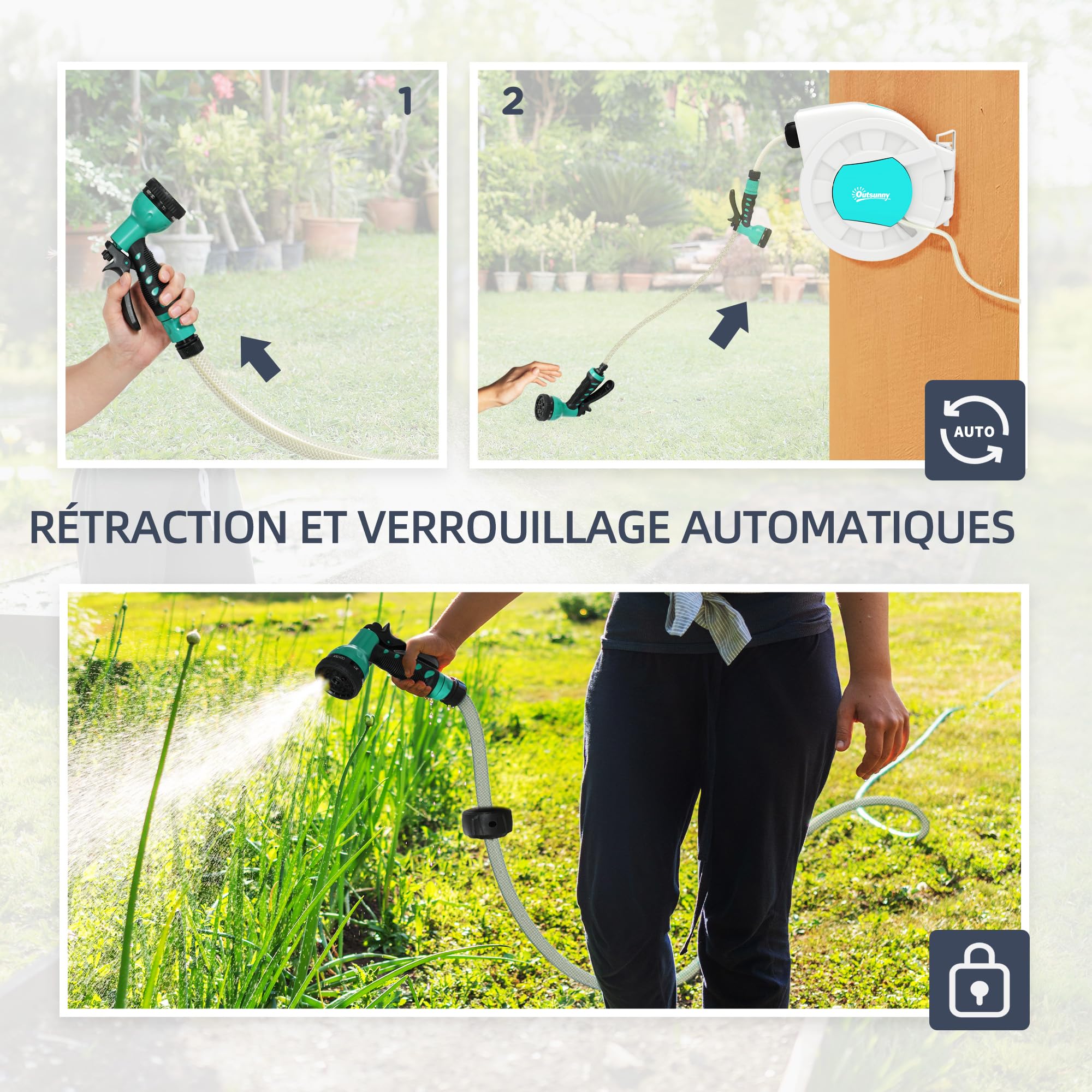 Outsunny Enrouleur tuyau arrosage, dévidoir de tuyaux d'eau, 25+2 m, avec support mural + poignée, pivotant à 180°, 7 options de jets d'arrosage, gris clair