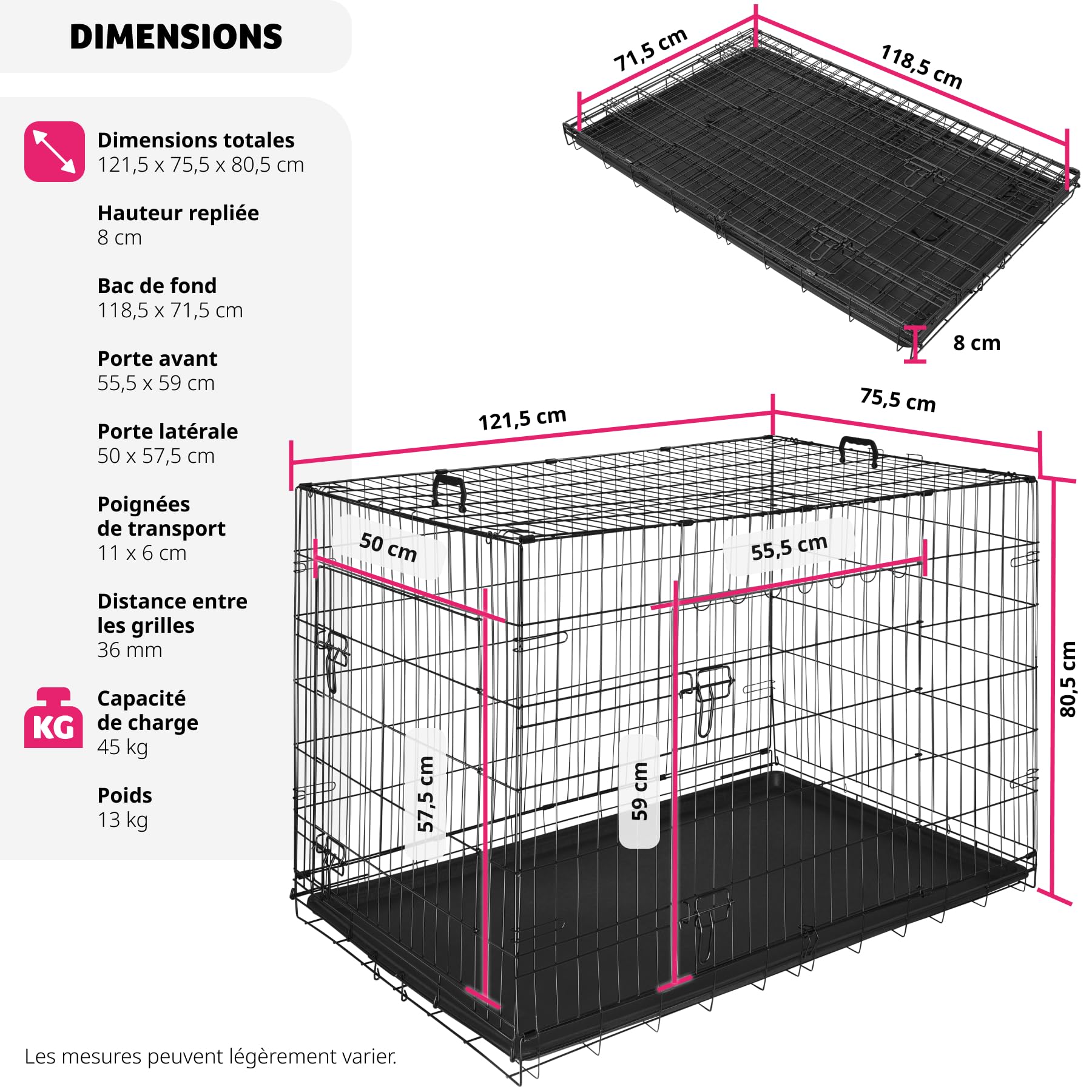 tectake® Cage pour Chien Pliable et Robuste Caisse de Transport pour Chien & Chiots Taille XL, Fond amovible, 2 portes double verrouillage, Poignées de transport, Accessoires Chiens, 121,5x75,5x80,5cm