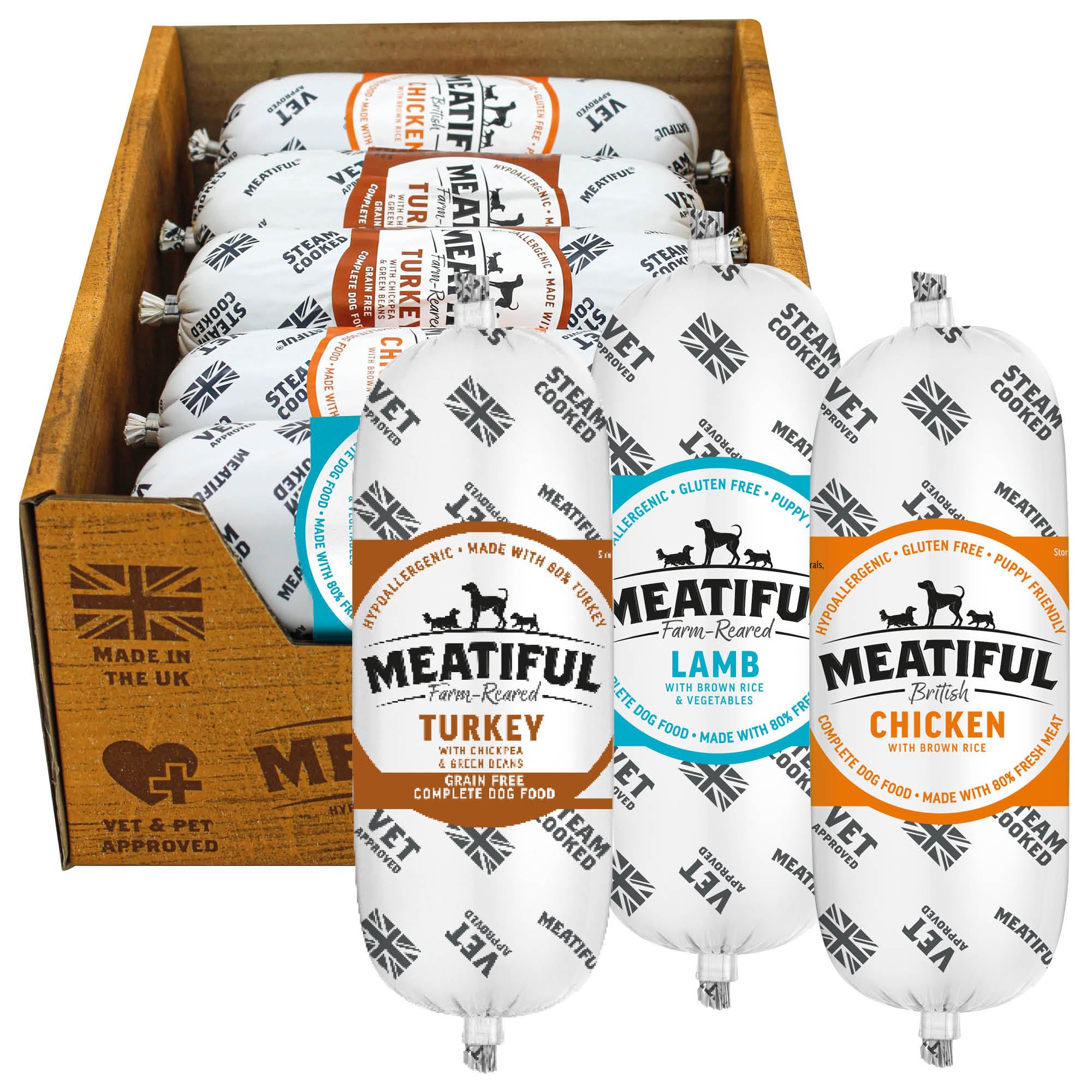 Meatiful Complete Wet Dog Food Variety Pack - 4 x Chicken, 3 x Turkey, 3 x Lamb - 80% Fresh Meat with Added Vitamins & Minerals, Hypoallergenic & Gluten Free (10 x 320g)