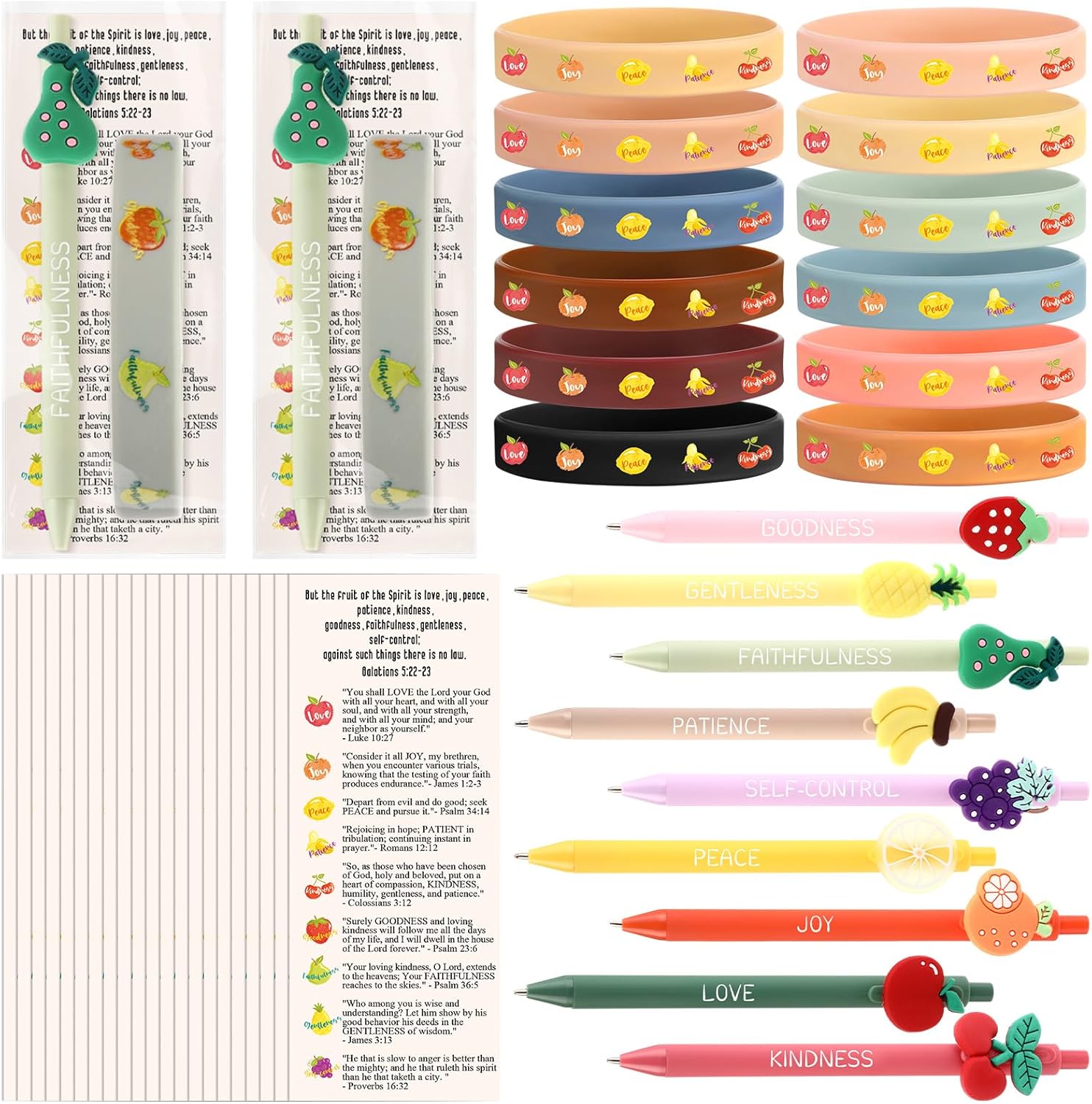 Sayglossy 36 Sets Fruit of The Spirit Gifts Bulk Mother Day Christian Ballpoint Pens Fruit Silicone Bracelet and Cards, Holy Week Gift for First Communion Mother's Day Church Sunday School