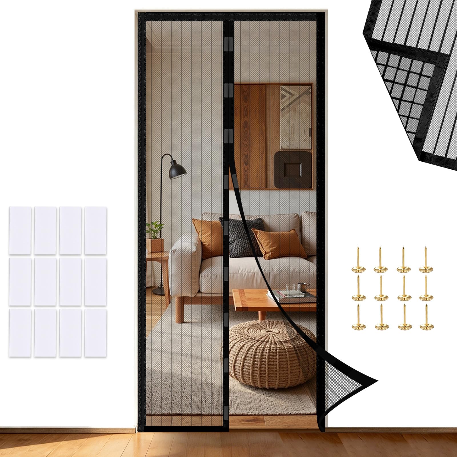 Magnetic Fly Screen Door Curtain – Strong Magnets & Magic Band, Scratch-Resistant Mosquito Net for Patio, Balcony, Bedroom (Black, 80×210 cm)