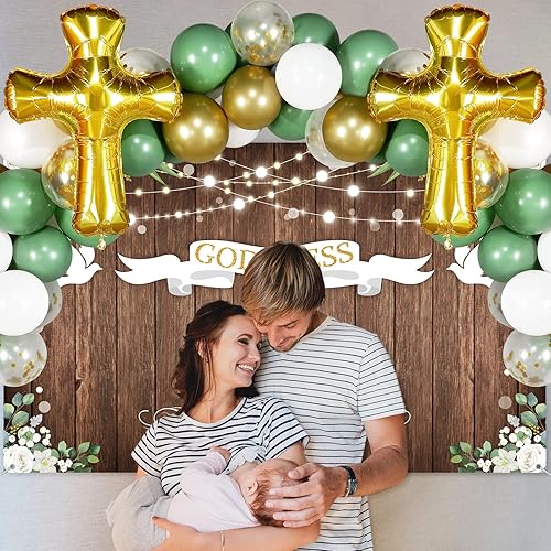 Miniatura 5 de 75 piezas de decoración de primera comunión incluidas, mantel de telón de fondo, globos, guirnalda, globos, cruz, globos de madera rústica, bautizo,