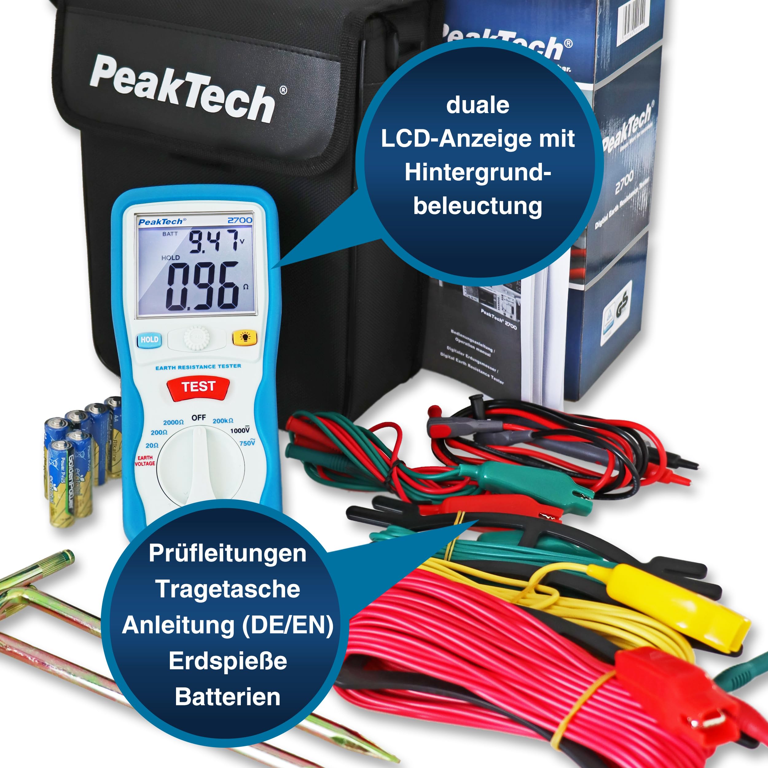 PeakTech 2700 - Erdungsmessgerät Erdwiderstands Set mit Erdspießen