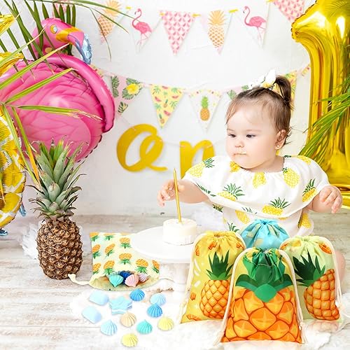 Miniatura 6 de Sweetude 24 piezas de decoraciones hawaianas de fiesta de 5 x 7 pulgadas, bolsas de regalo de piña Luau para fiesta, pequeñas bolsas de dulces de