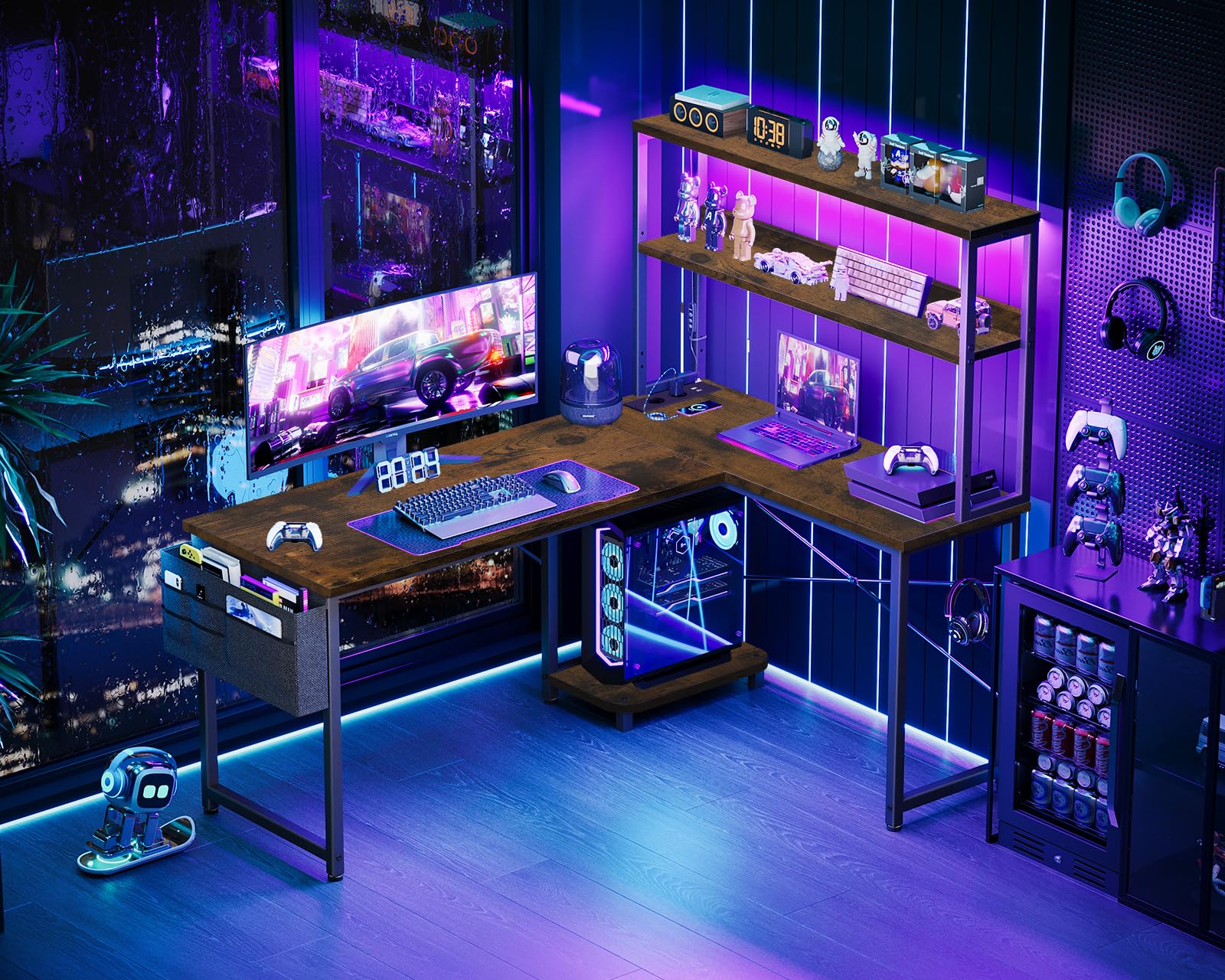 Coleshome Scrivania Gaming con LED e Prese, 135 × 100 cm Scrivania Gaming Angolare Reversibile con Scaffali Portaoggetti, Tavolo Angolare con Borsa Portaoggetti per Giocatori, Marrone Vintage