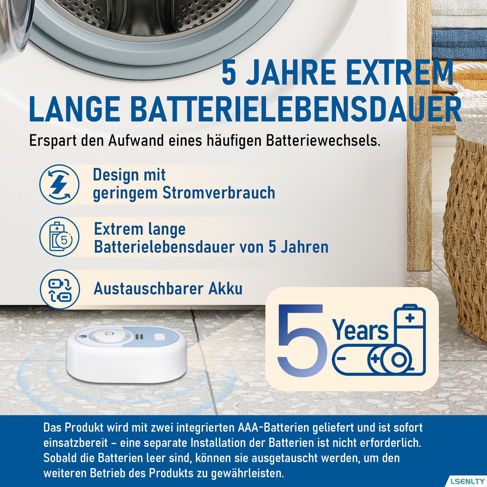 LSENTLY Wasserleck-Detektor – 5 Jahre Standby-Zeit, LED-Anzeige & 100 dB Leckalarm, Selbsttest-Funktion & Batteriewarnung, IP66 wasserdicht – für Zuhause, 5er-Pack (Keine WLAN-Verbindung möglich)
