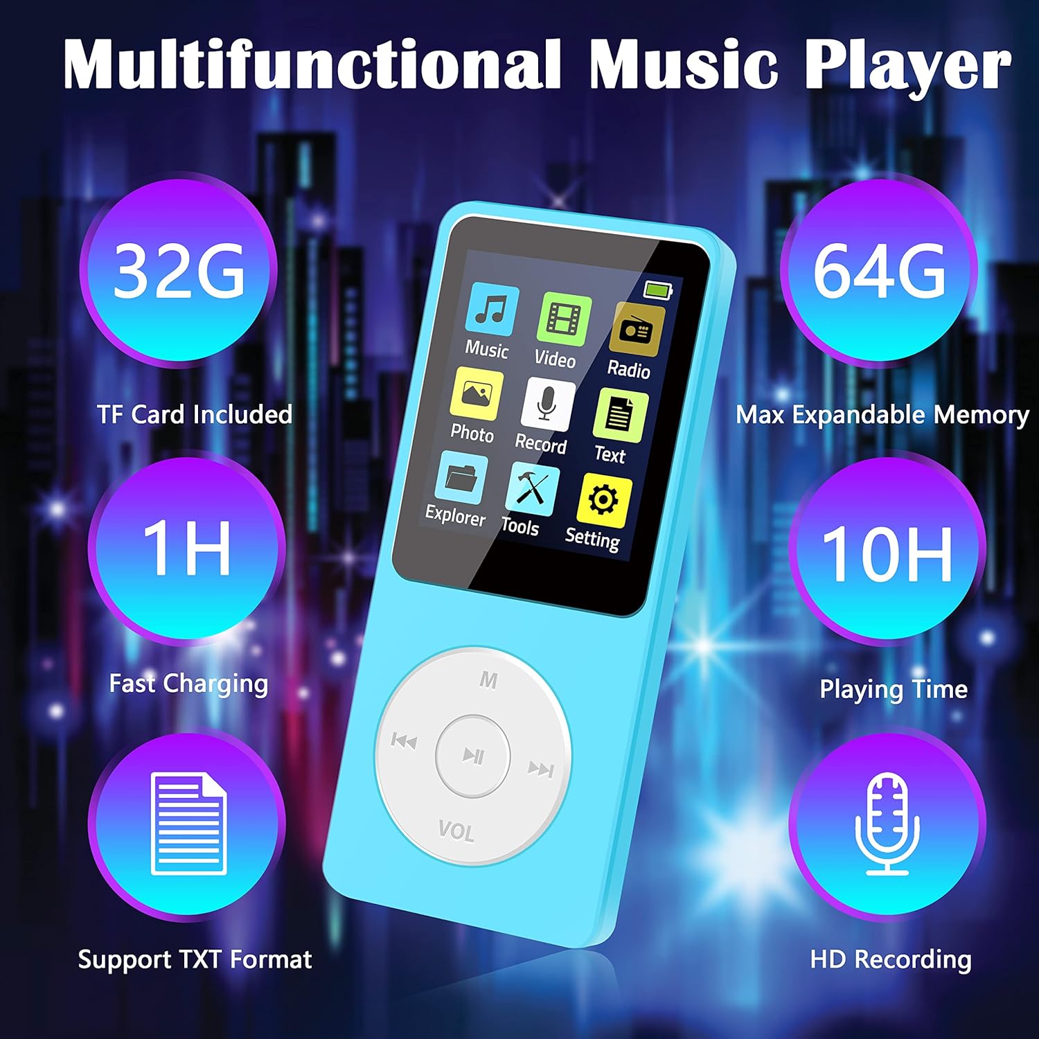 Greadio MP3 Player, Music Player with 32GB TF Card, Earphone, FM Radio, Built-in Speaker with HiFi Lossless Sound,Portable Voice Recorder/Video/Photo Viewer/E-Book Player for Kids,Running,Walking,Gift