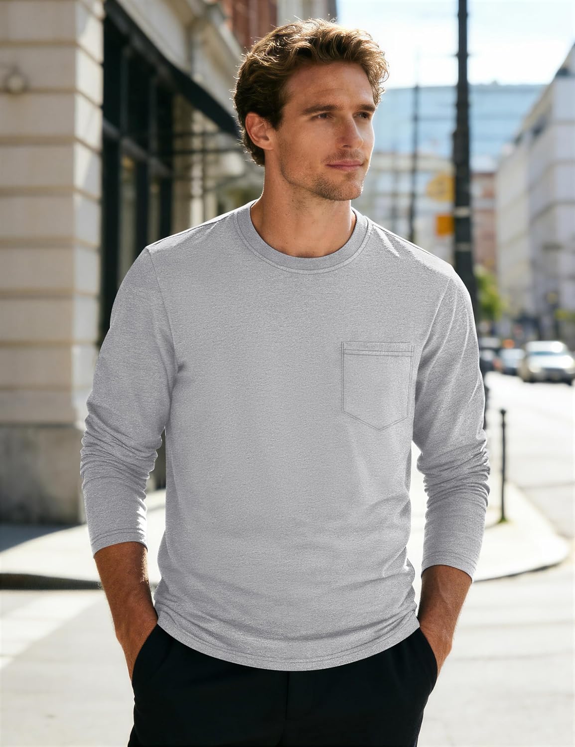 Cotrasen Men's Long Sleeve Tee Shirts Cotton Crew Neck Pocket T Shirts Moisture Wicking Soft Casual Basic Tshirts