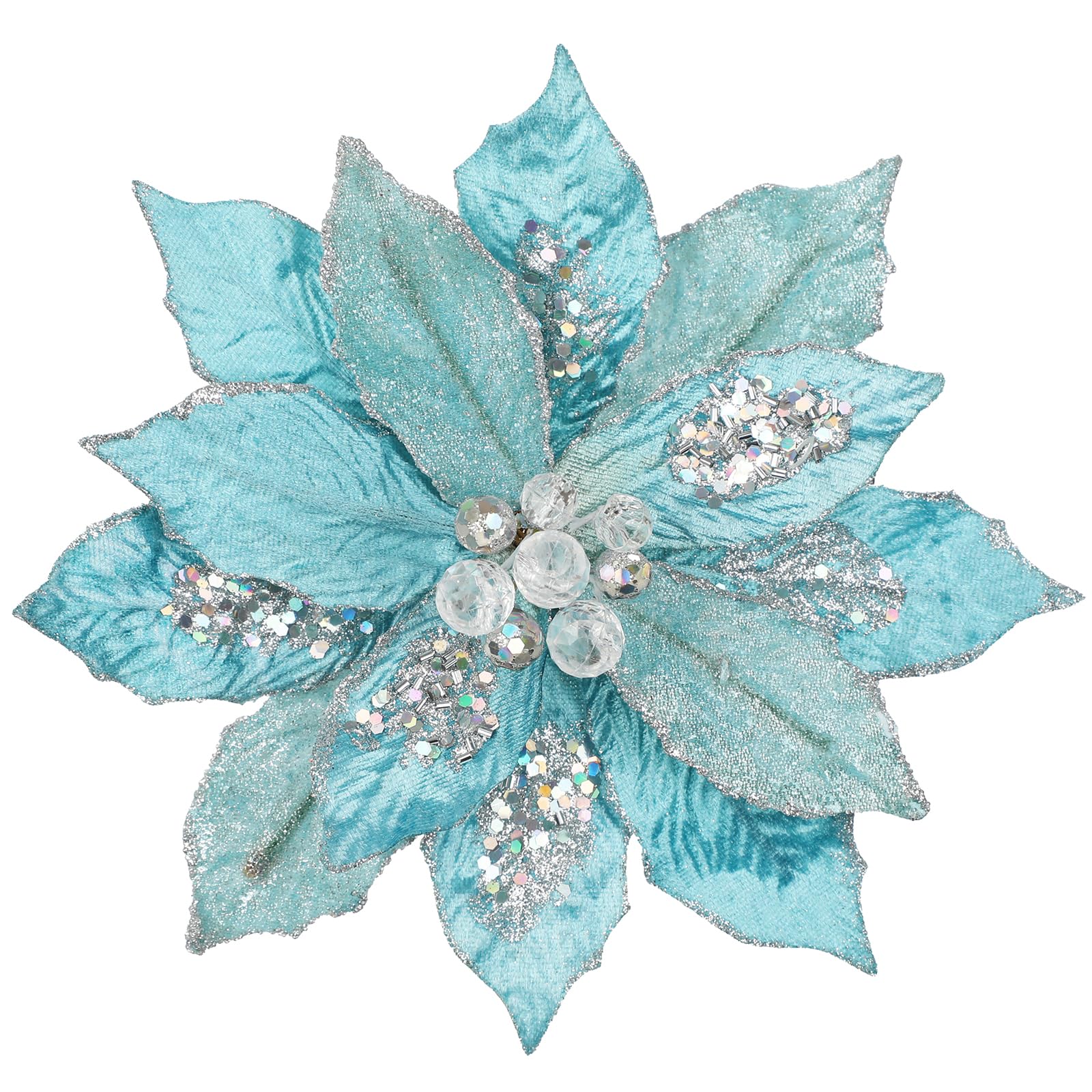 Hollyone 4 Pcs Large Christmas Flowers Decorations Glitter Poinsettia, 9'' Blue Fake Xmas Flowers, Artificial Flower Ornaments for Christmas Tree, New Year, Wedding, Party, Home Decor
