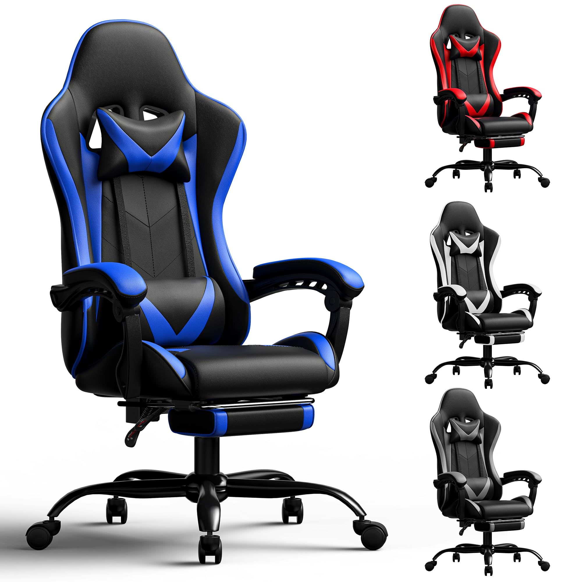 Gaming Chair, Ergonomic Computer Chair with Footrest Lumbar Support, Blue