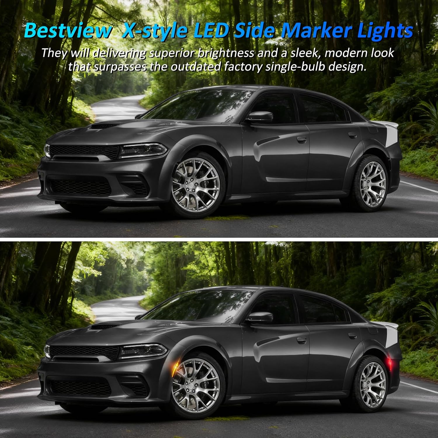 Bestview 4PCS LED Side Marker for Dodge Charger 2015-2021: X-style Led Bumper Marker Lamps, Amber Front & Red Rear Fender Side Markers Lights, Waterproof Sidemarker Light Kit Smoke Lens Assembly