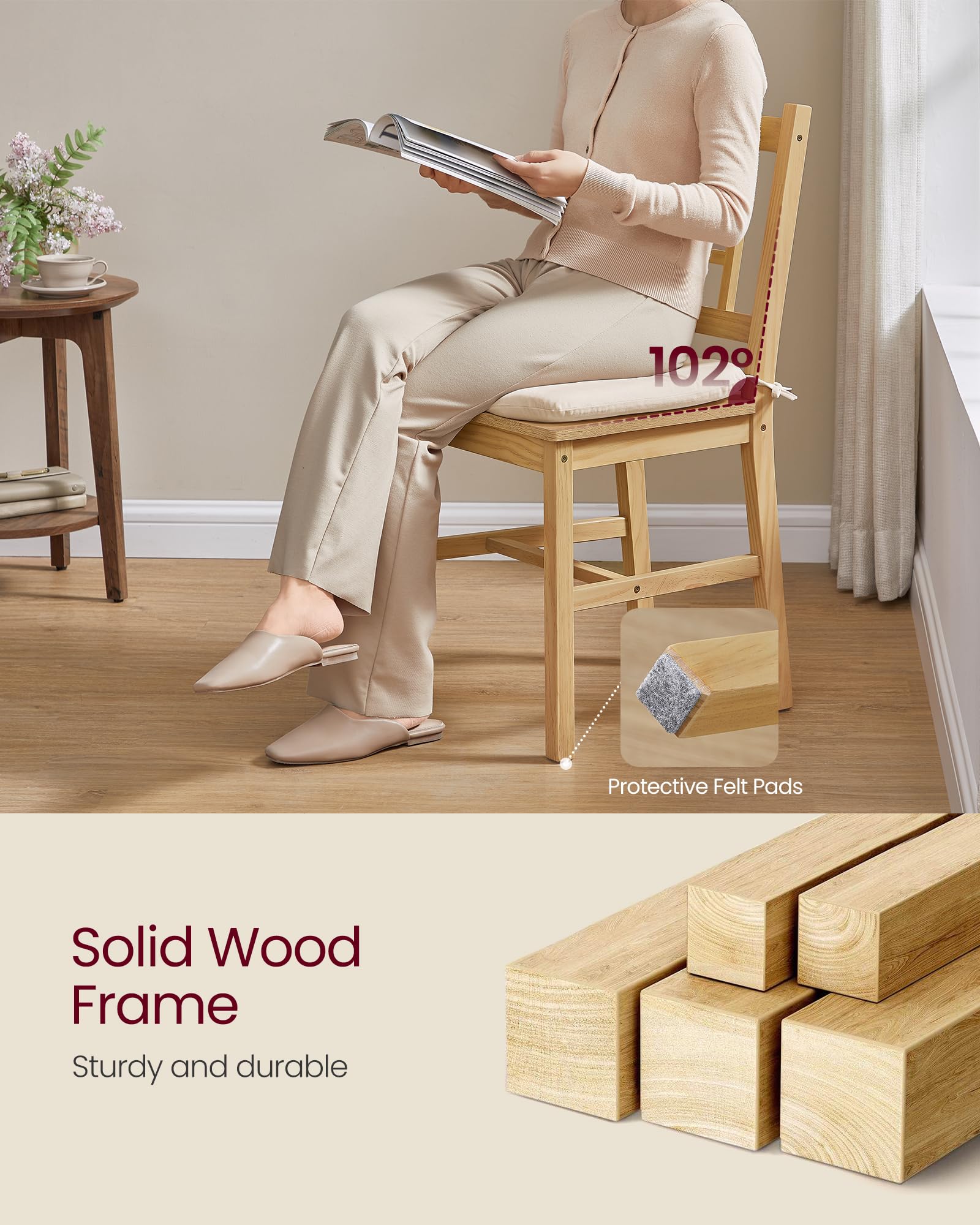 Sillas de comedor de madera, juego de 2, sillas de cocina y comedor, cojín extraíble, respaldo curvo, cada una soporta 264 libras, roble dorado UKDC150N01 4