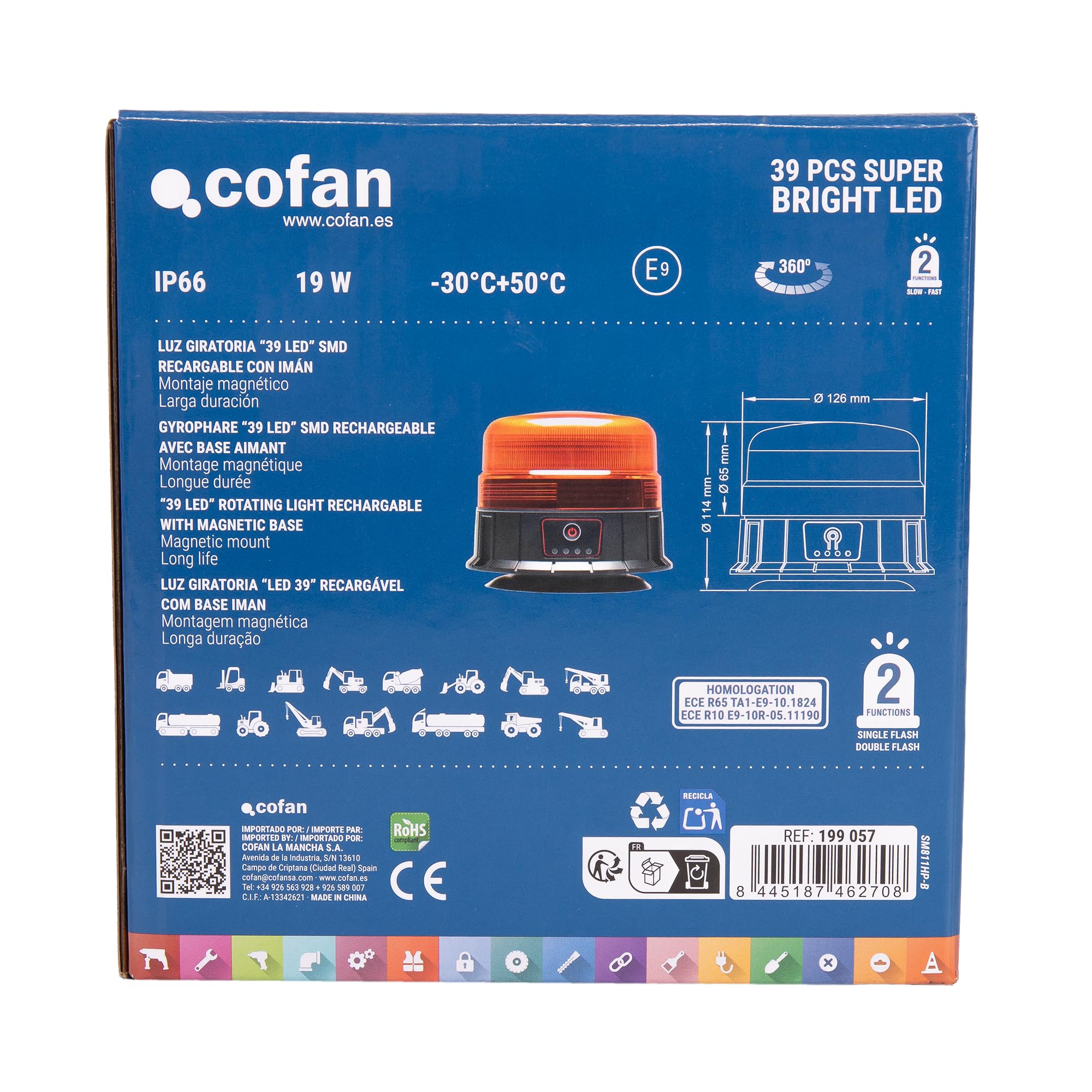 Cofan Luz Giratoria LED Ámbar con 39 SMD | Recargable por USB-C | Imán Fuerte | 7h de Autonomía | IP66 | Para Vehículos Industriales y Agrícolas
