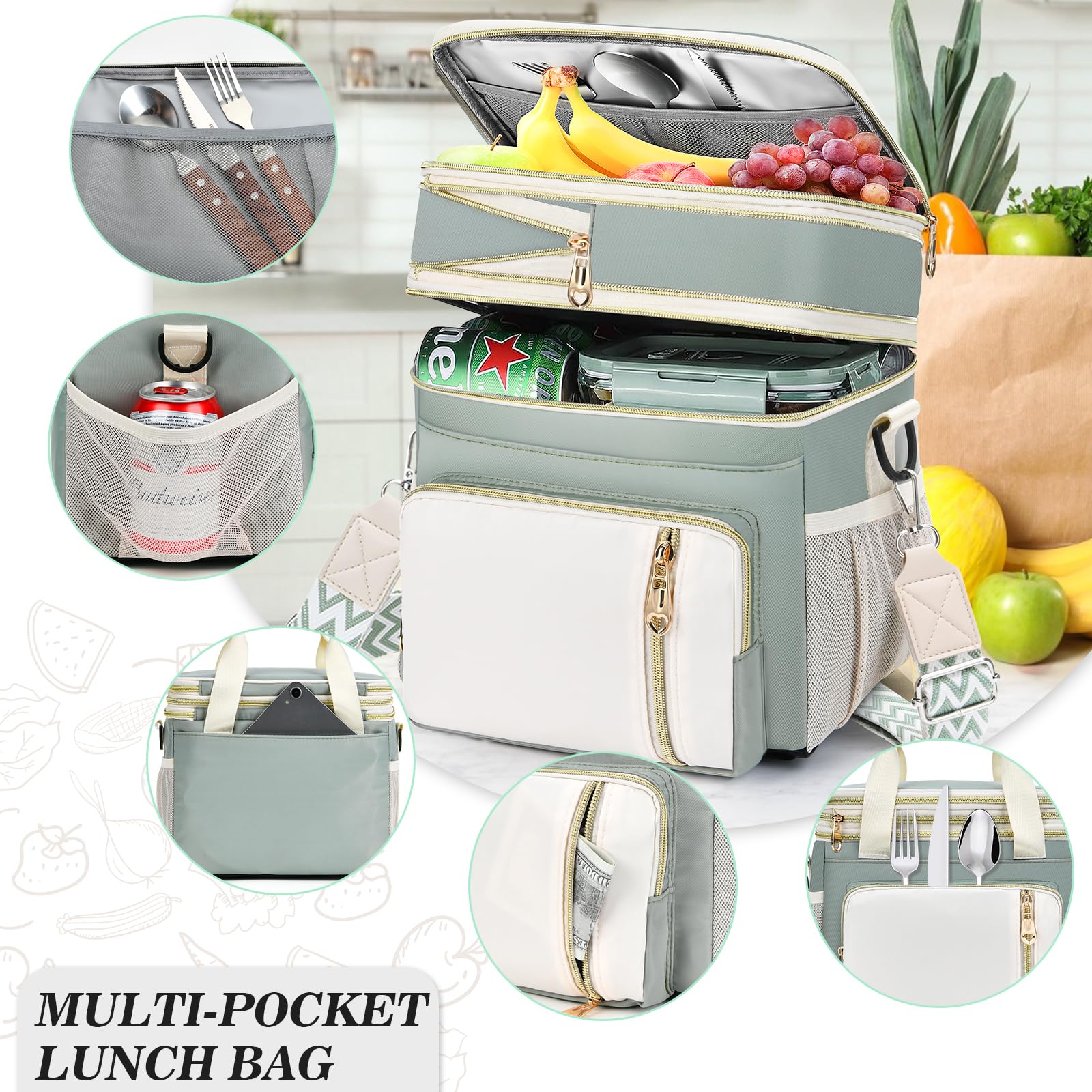 LOKASS Lunch Box for Women-16L-Insulated Lunch Bag Women, Expandable Double-layer Leakproof Cooler Bag with Upgrade Adjustable Shoulder Strap Ideal for Work/Travel/Picnics?Olive Green?