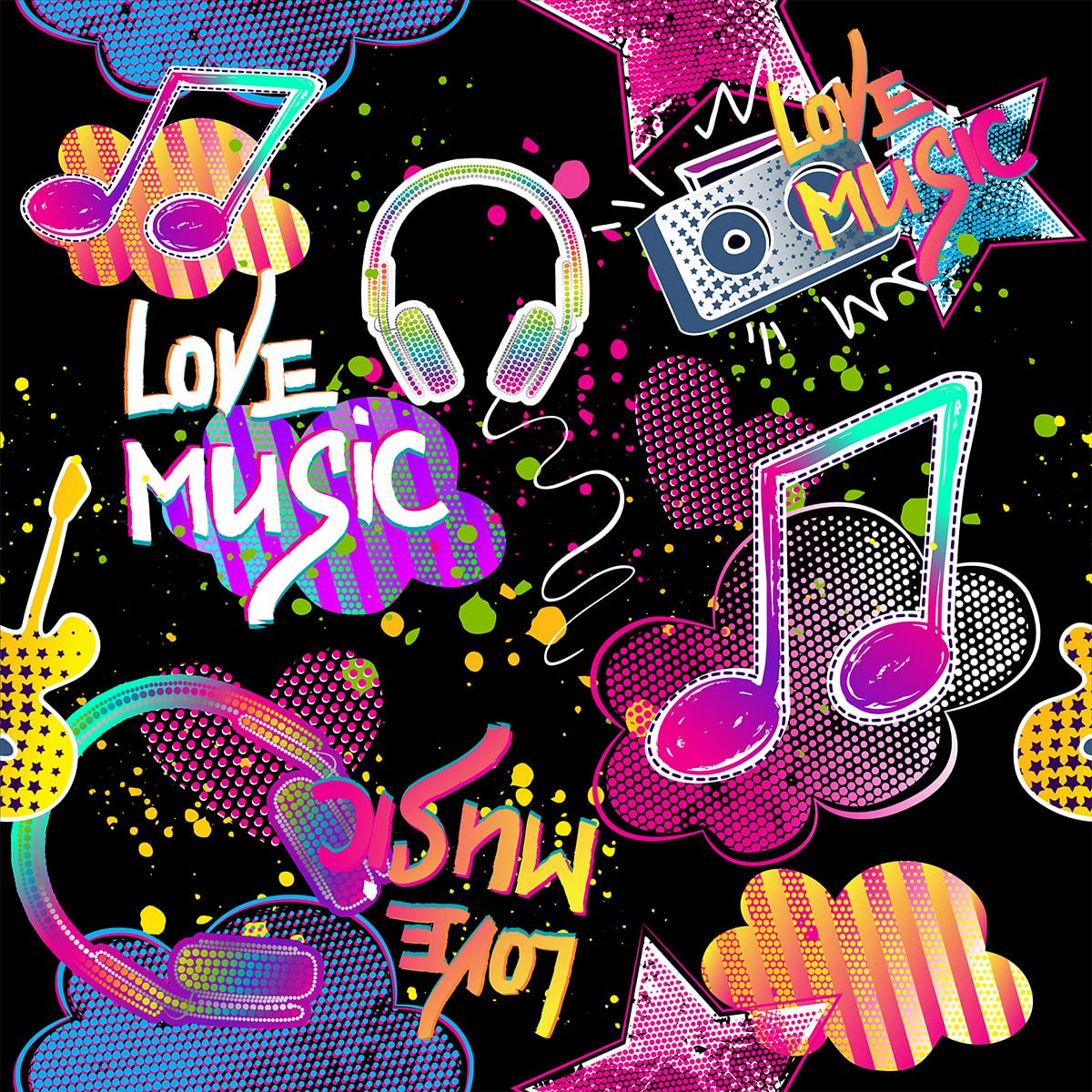 Music Note Outdoor Fabric by The Yard,Rock Music Upholstery Fabric for Chairs,Boys Girls Headphones Radio Music Lover Fabric for Home DIY Projects,2 Yards,(L184*W150cm) Black Pink
