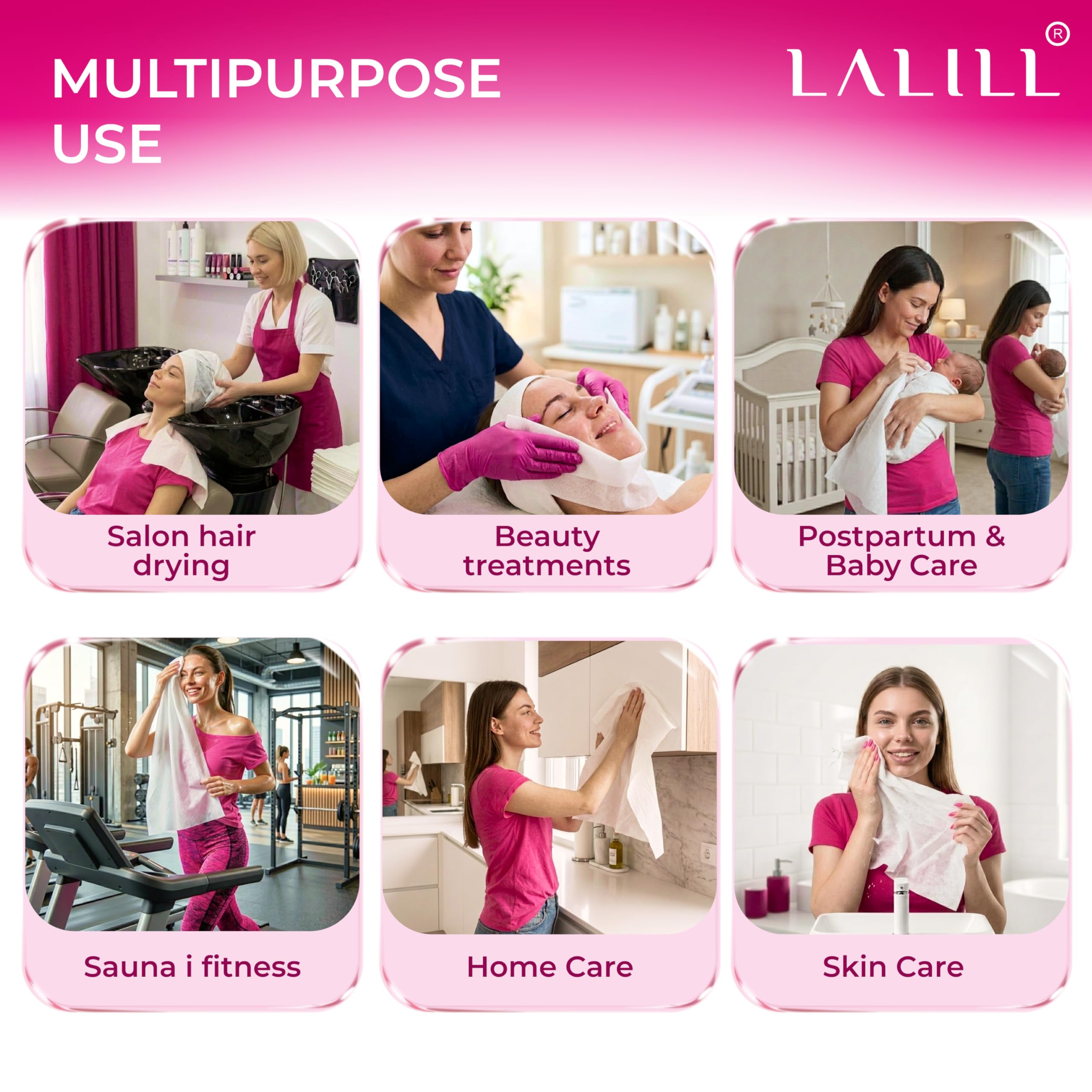 LALILL Fusselfreie Kosmetiktücher 70x40 cm, 100 Stück - Handtücher saugstark & weich - Friseur Tücher aus Vliesstoff - Einweghandtücher für Babys, Erwachsene, Senioren - Hygienisch verpackt
