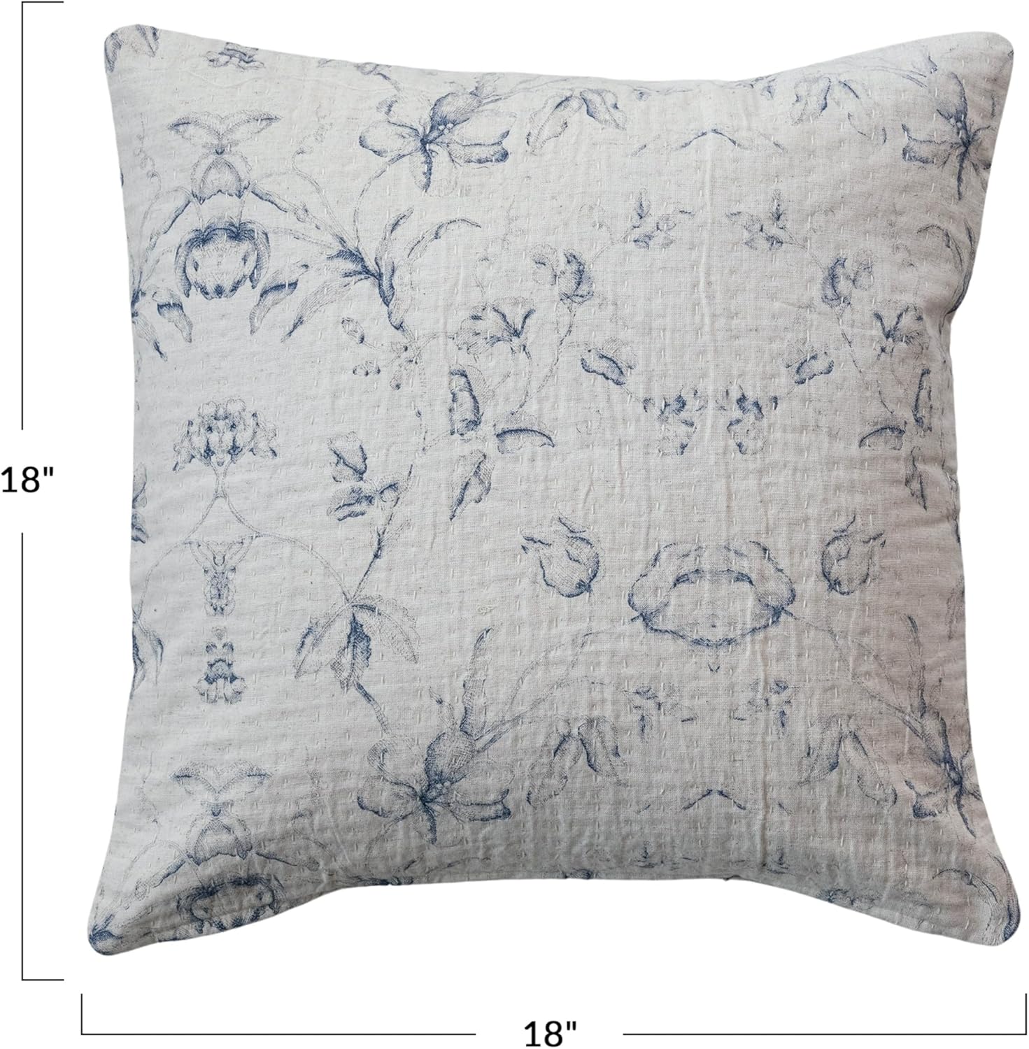 Creative Co-Op, Blue Floral Patterned Cotton and Linen Pillow