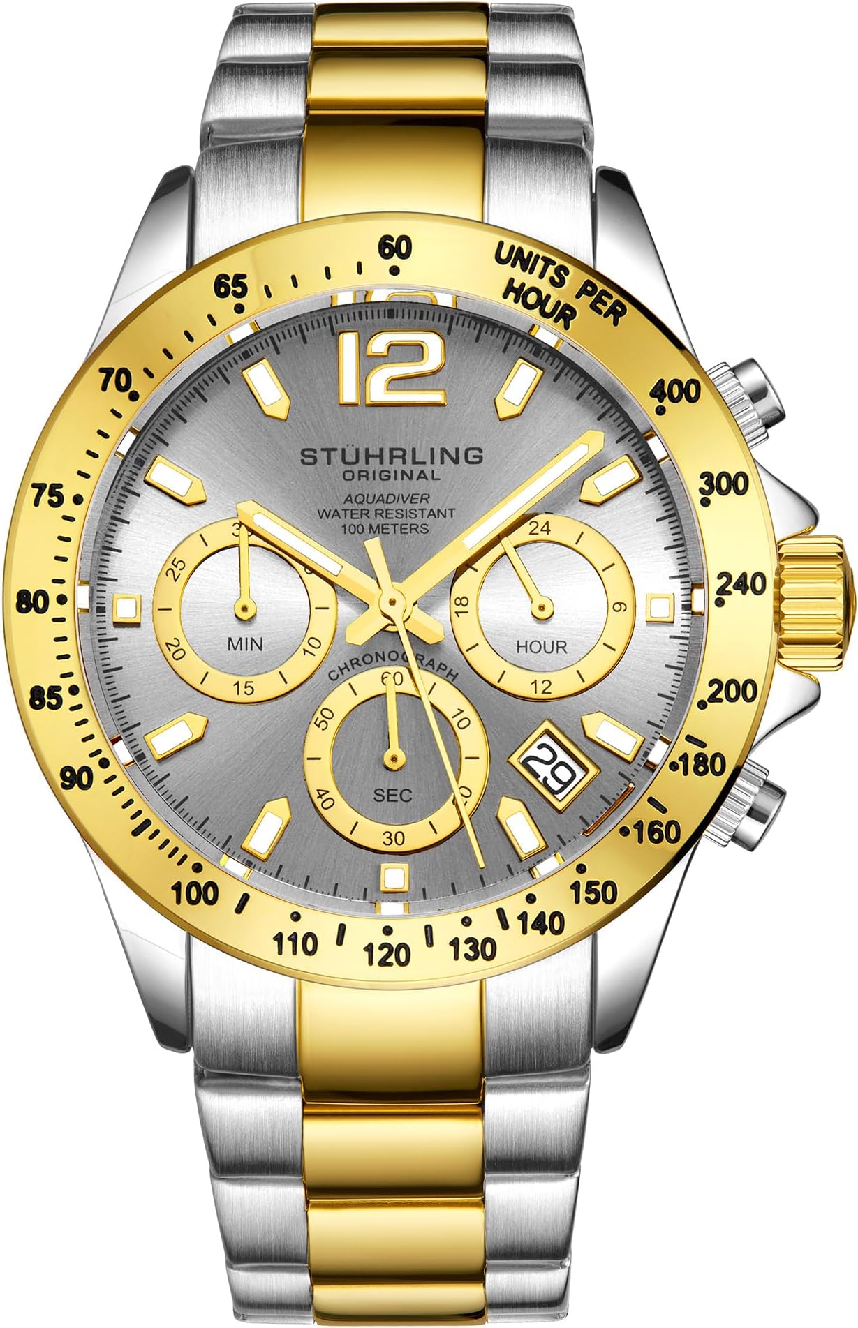 Stührling Original Men's Chronograph Watch Dial, Stainless Steel Bracelet, Quartz Analog Mens Watch, Tachymeter Sport Watch for Men, 100M Water Resistant Men's Wrist Watch