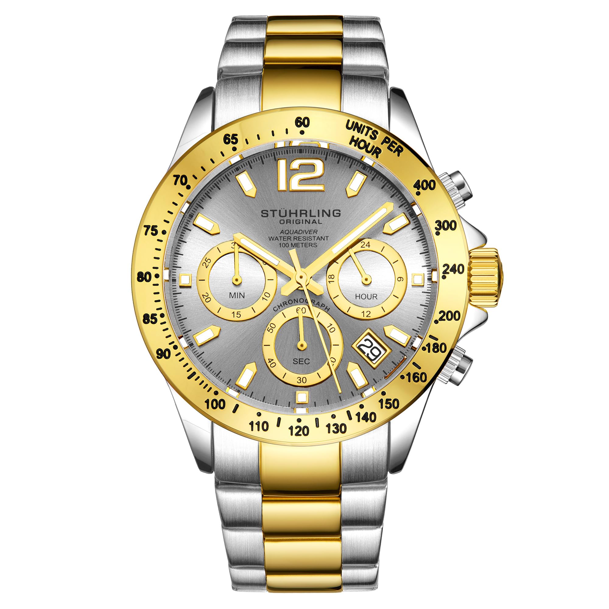 Stührling Original Men’s Chronograph Watch Stainless Steel Bracelet with Screw Down Crown and Water Resistant to 100 M. Analog Dial Quartz Movement