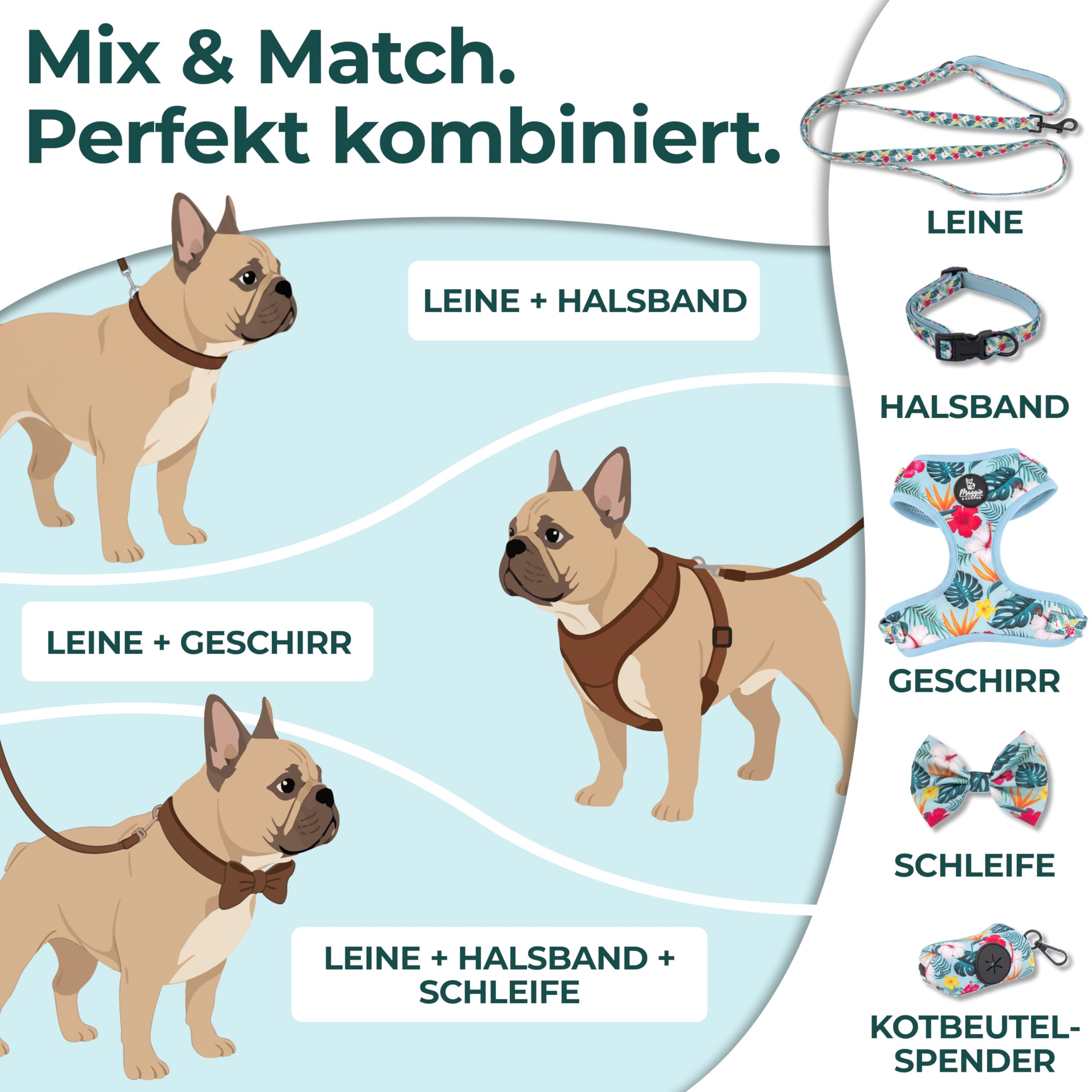 MAGGIE & COOPER Juego de correas para perros – Diseño Hawaii – 5 piezas: collar, arnés, correa, lazo, dispensador de bolsas de excrementos – 4 tamaños – Caja de regalo (L)