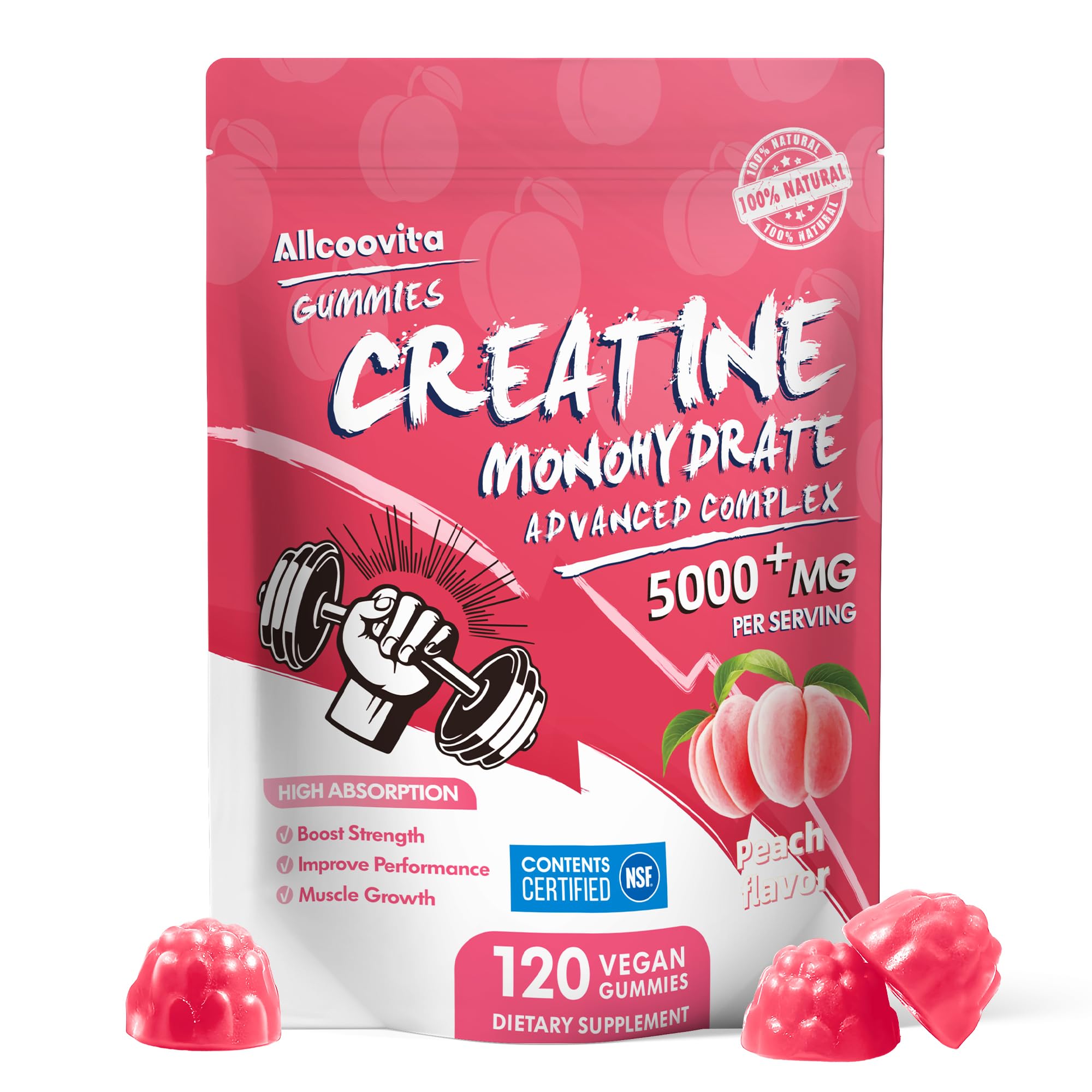Allcoovita Creatine Monohydrate Gummies 5g for Men & Women. Boost Focus,Strength, and Endurance, Anti-Melting Formula, Vegan, Gluten-Free, Non-GMO,(Peach 120 ct) Peach 120 Count (Pack of 1)