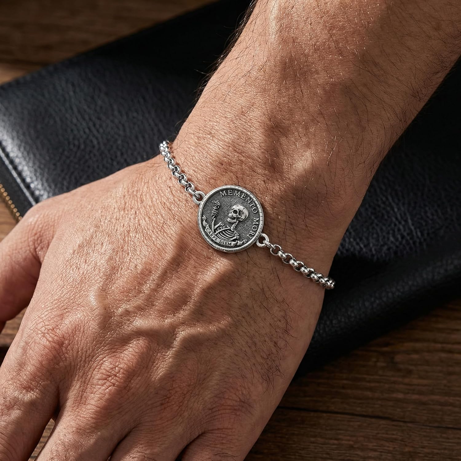 PELOVNY Memento Mori Bracelet 925 Sterling Silver Skull Bracelet Carpe Diem Anklet Stoic Skull Jewelry Stoicism Gifts for Men Women Unisex